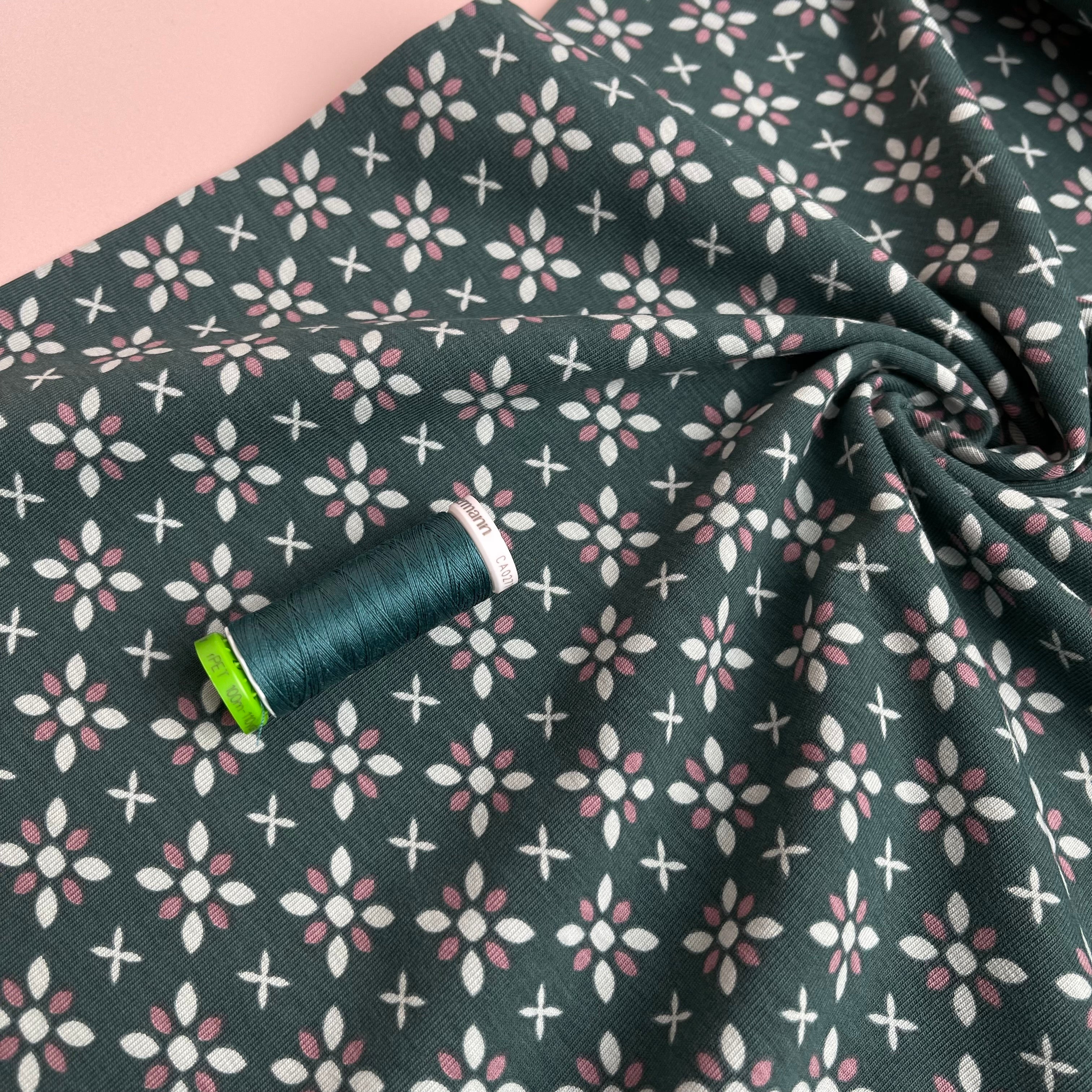 REMNANT 0.50 metre - Graphic Flowers Teal Cotton Jersey