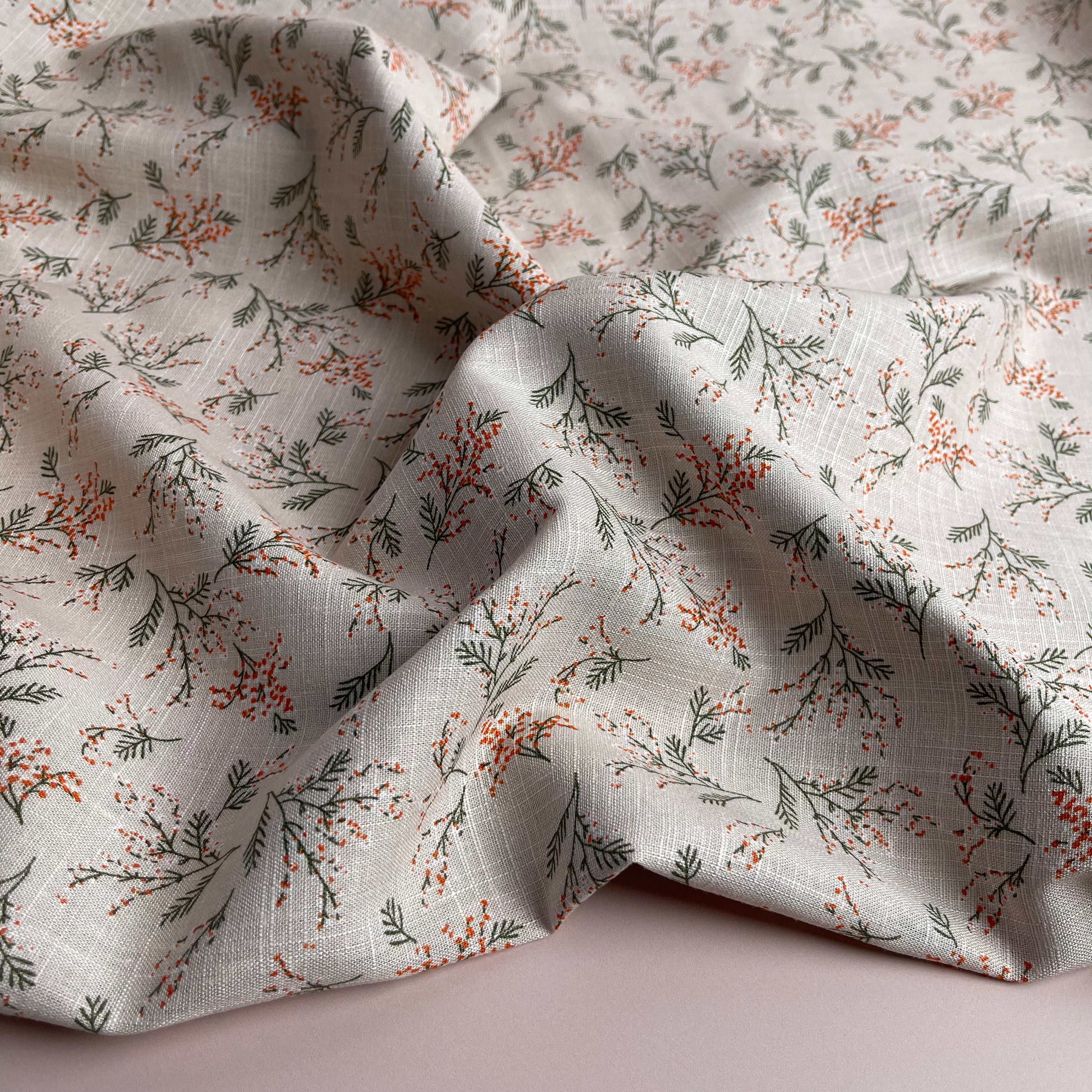 REMNANT 0.47 Metre - Wild Plant on Blush Linen Viscose Blend Fabric