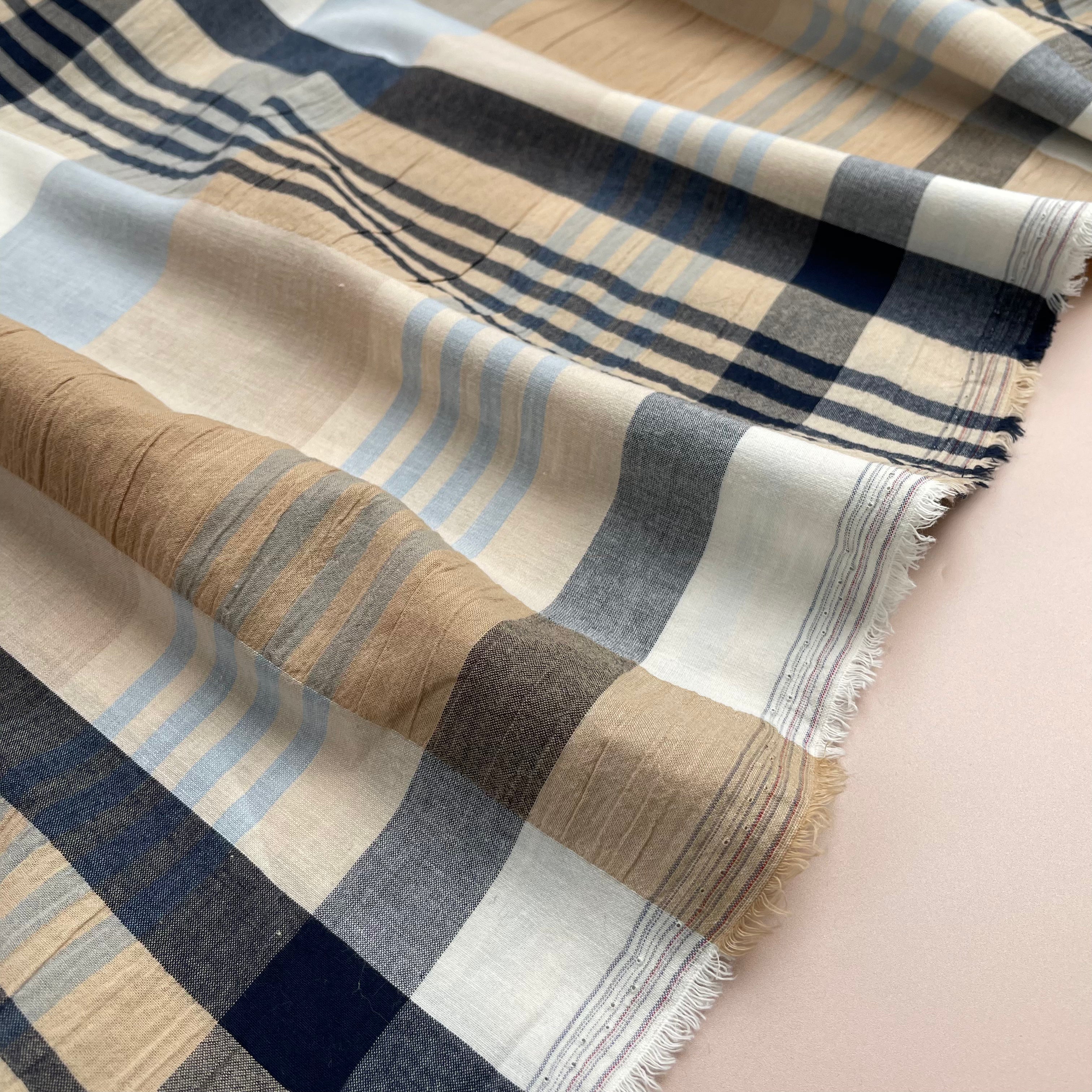 REMNANT 0.78 Metre - Yarn Dyed Checks in Blue and Beige Stretch Cotton Fabric