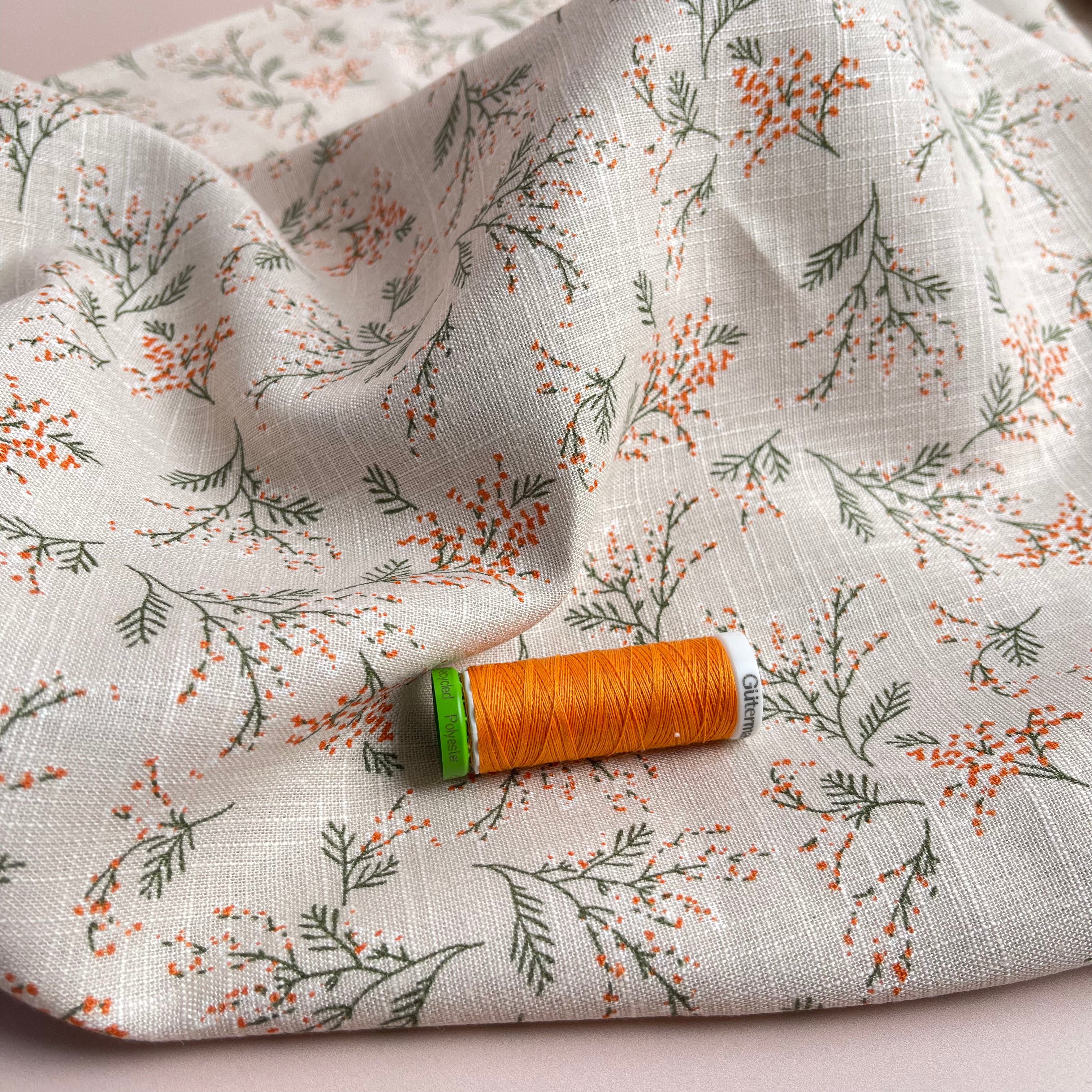 REMNANT 0.47 Metre - Wild Plant on Blush Linen Viscose Blend Fabric