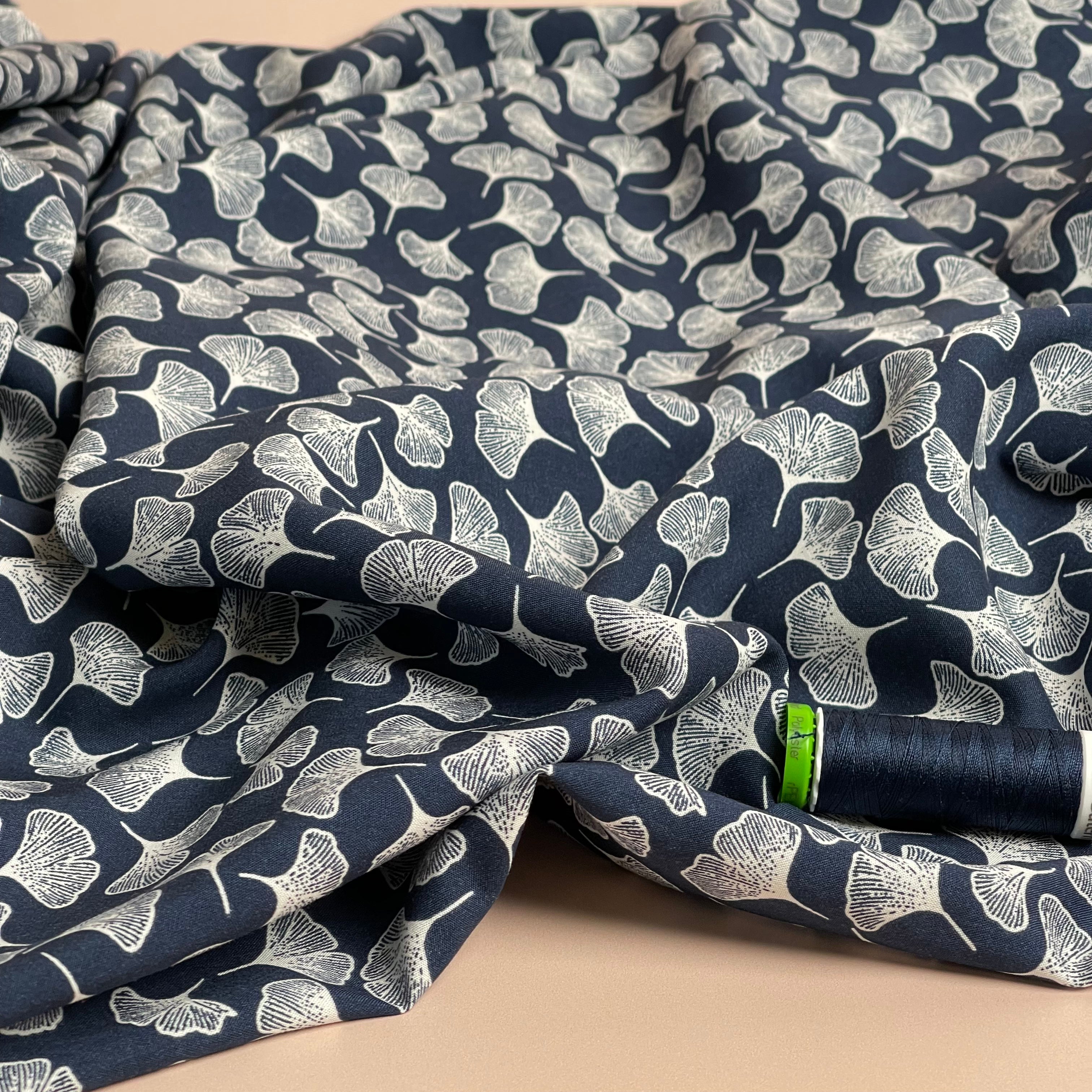 Gingko Navy Blue Viscose Fabric
