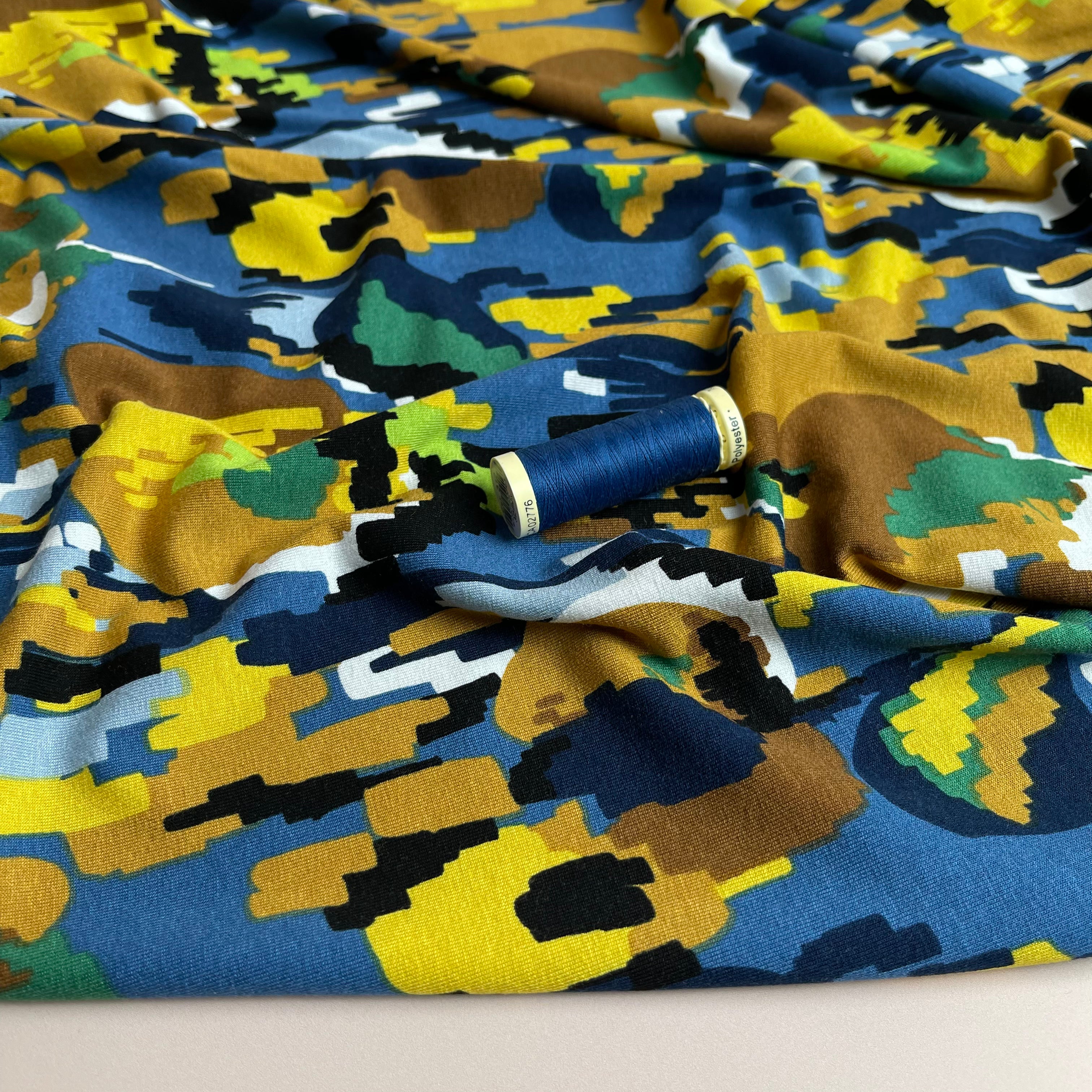 REMNANT 2.3 Metres (Test hole measuring 18cm at 77cm from edge) - Pixel Flowers in Blue Viscose Jersey Fabric