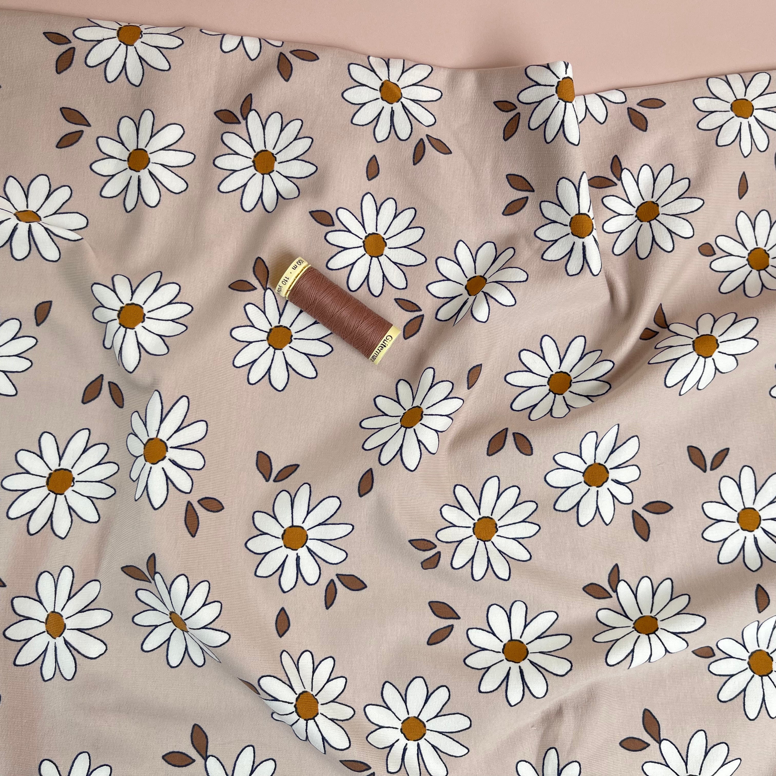 Daisies on Sandy Blush Cotton French Terry Fabric