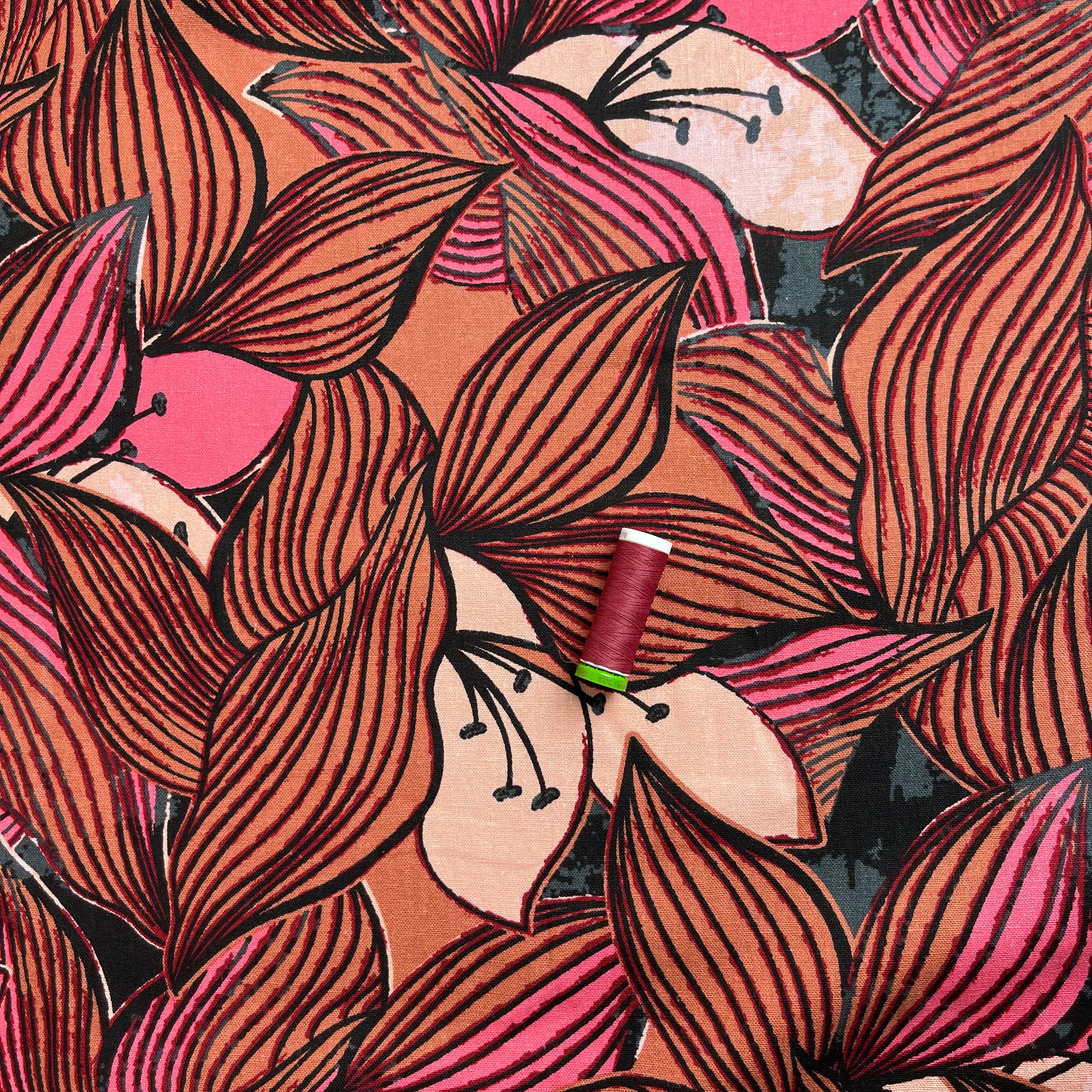 REMNANT 2.83 Metres - Linear Leaves Brown Linen Viscose Blend Fabric