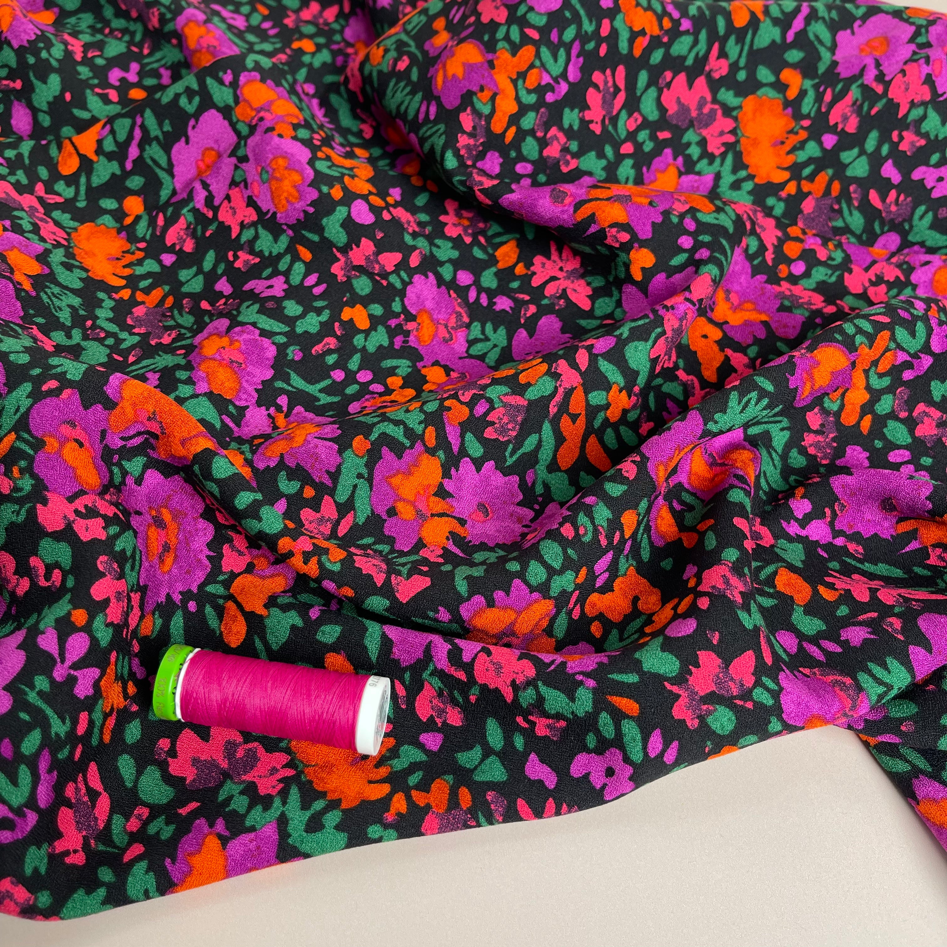 Watercolour Magenta Blooms Soft Viscose Crepe Fabric