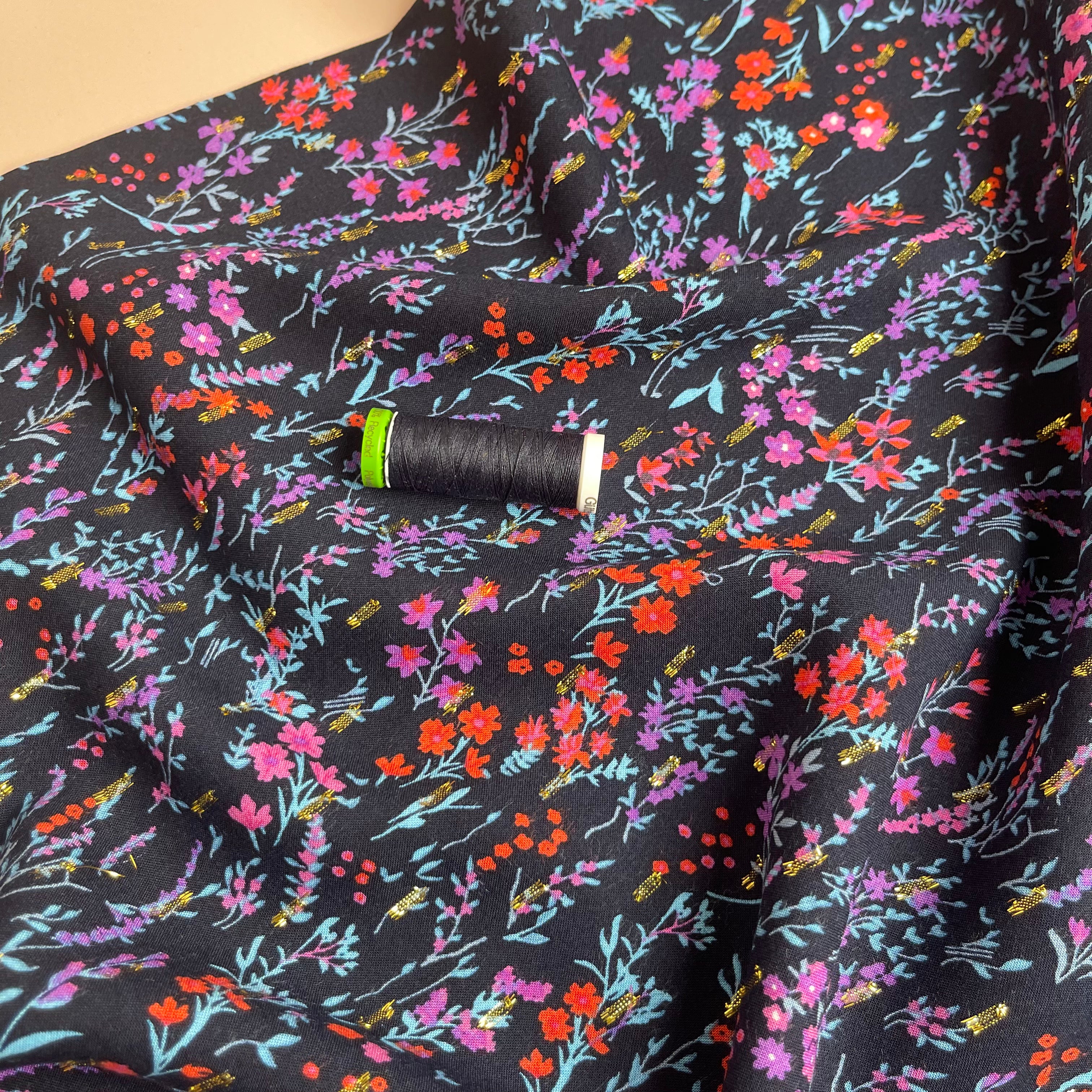 REMNANT 0.53 Metre - Meadow Dark Navy with Lurex Viscose Fabric