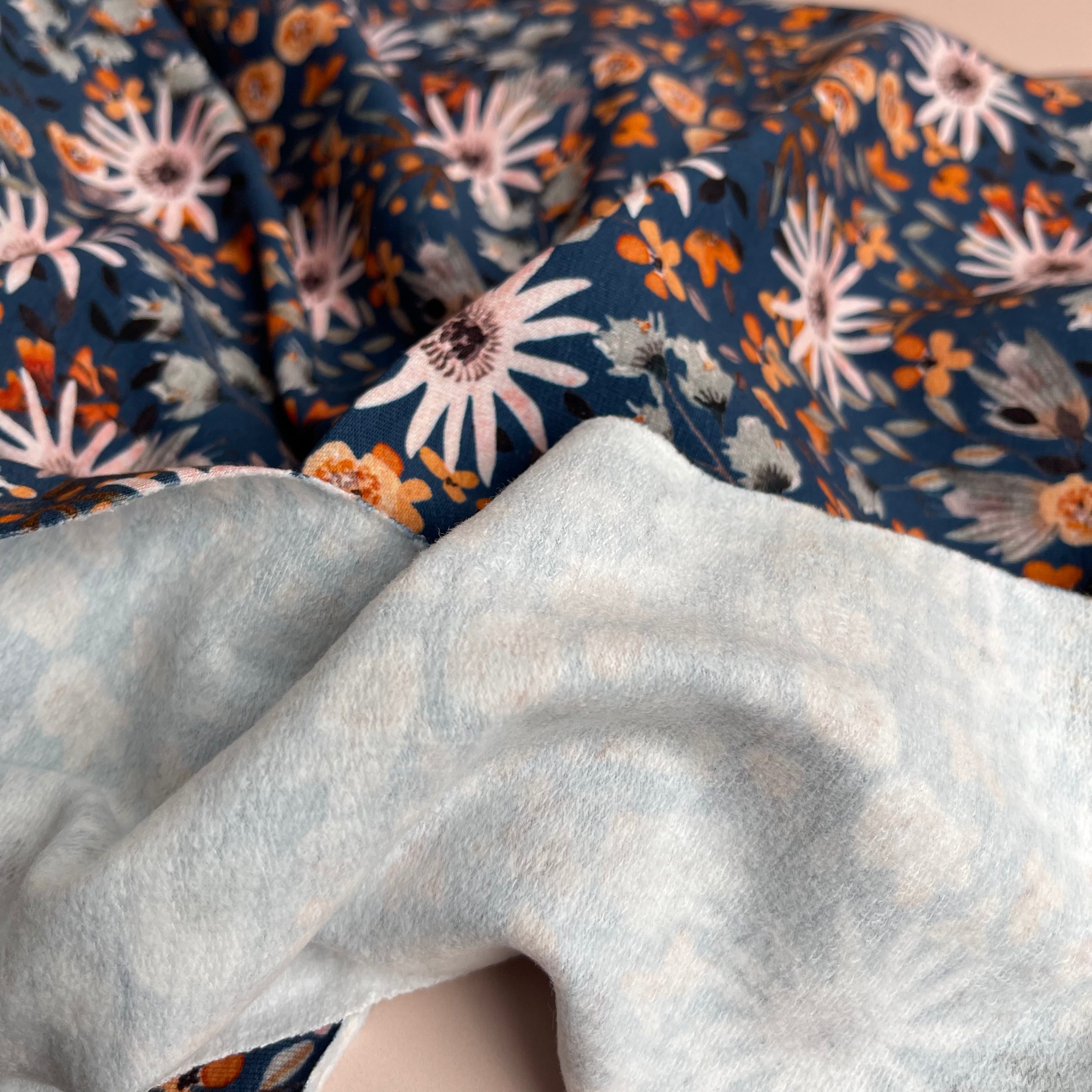 REMNANT 0.41 metre Garden Flowers in Petrol Blue Cotton Sweat-shirting Fabric