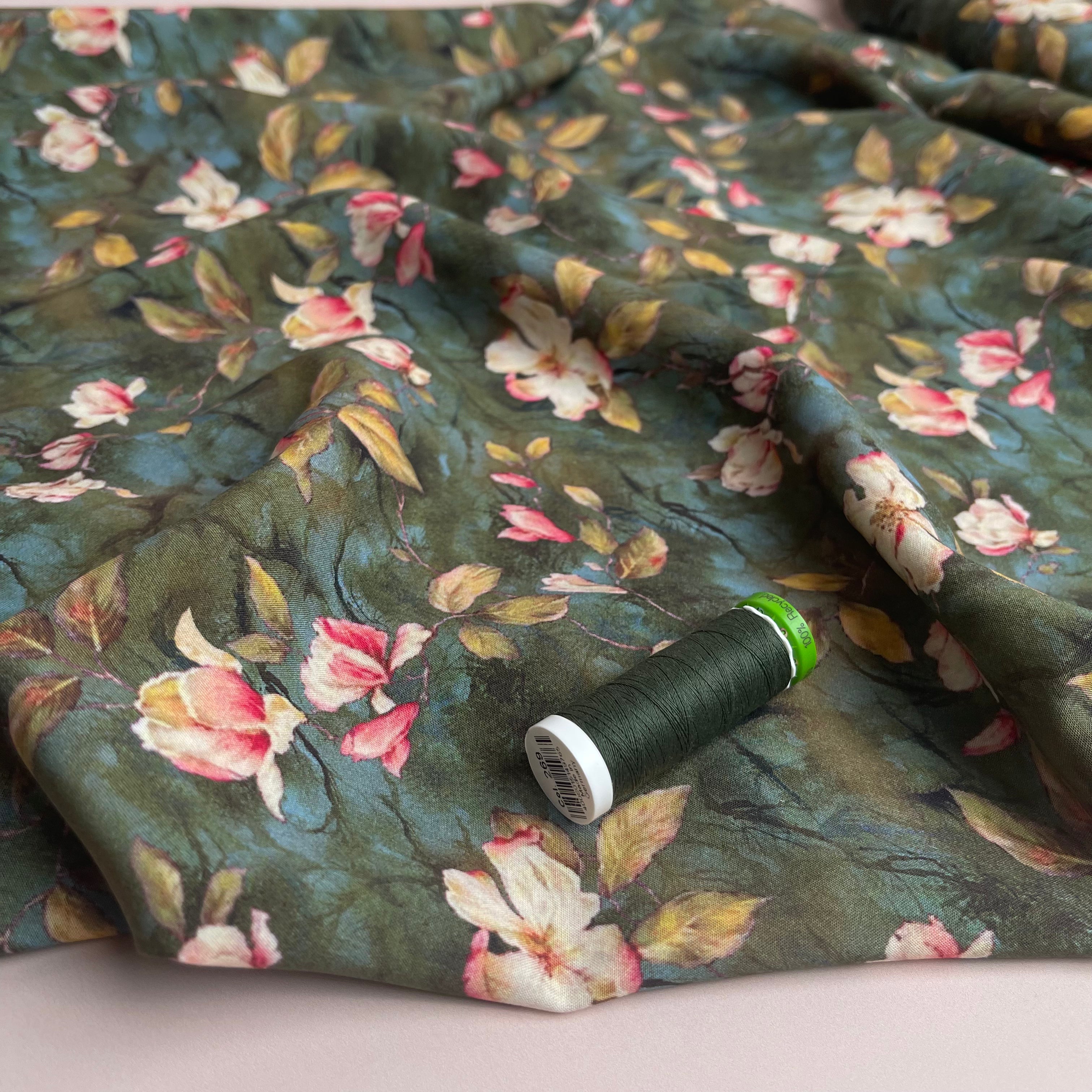 Rosehip Blossom Olive Green Viscose Fabric