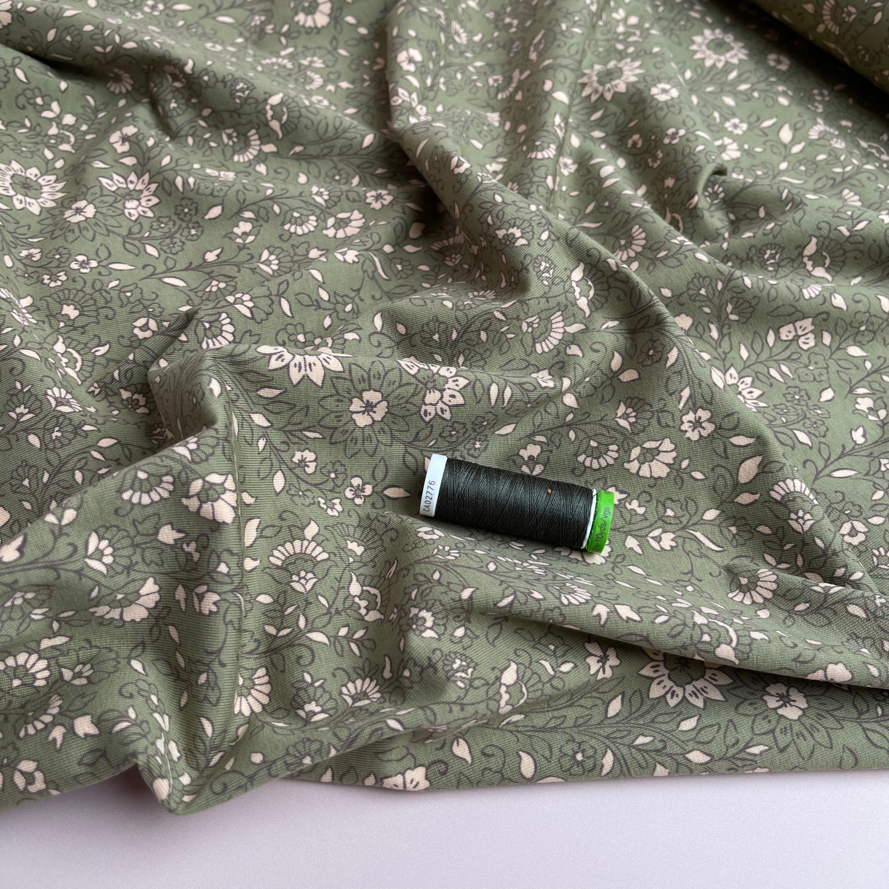Sweet Flowers in Moss Green Cotton Jersey Fabric