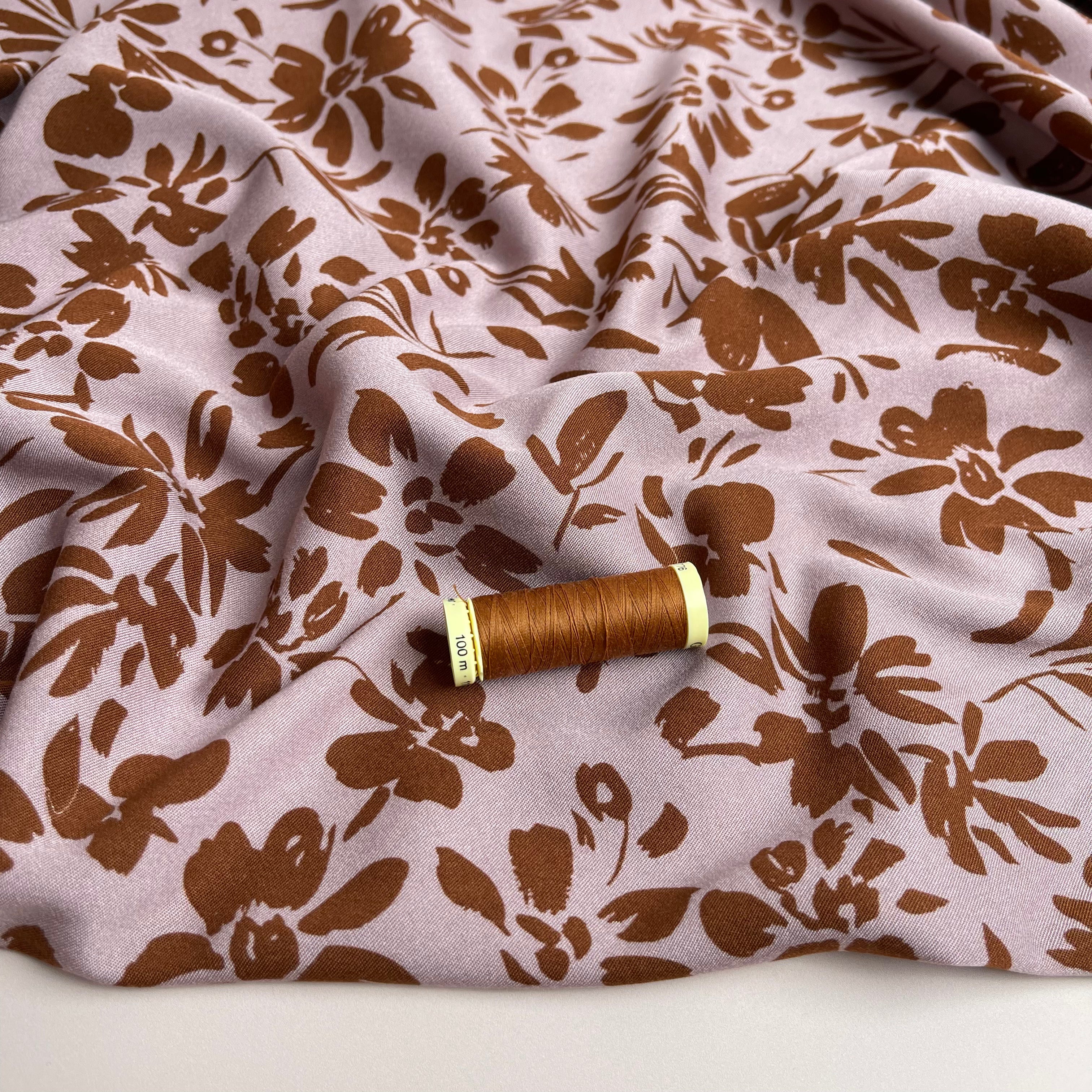 REMNANT 0.4 Metre - Rosella Brown Flowers on Lilac Stretch Viscose Twill Fabric