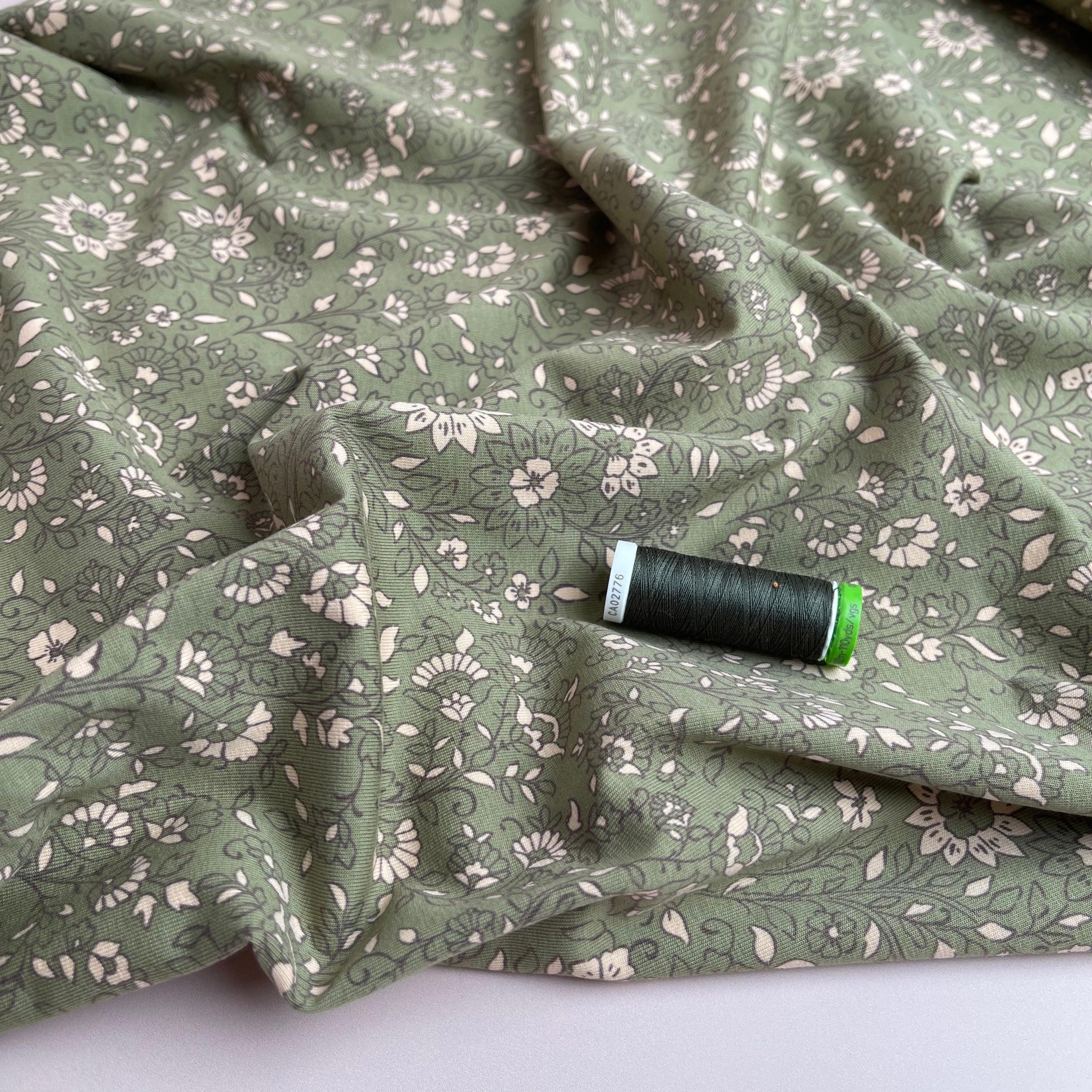Sweet Flowers in Moss Green Cotton Jersey Fabric