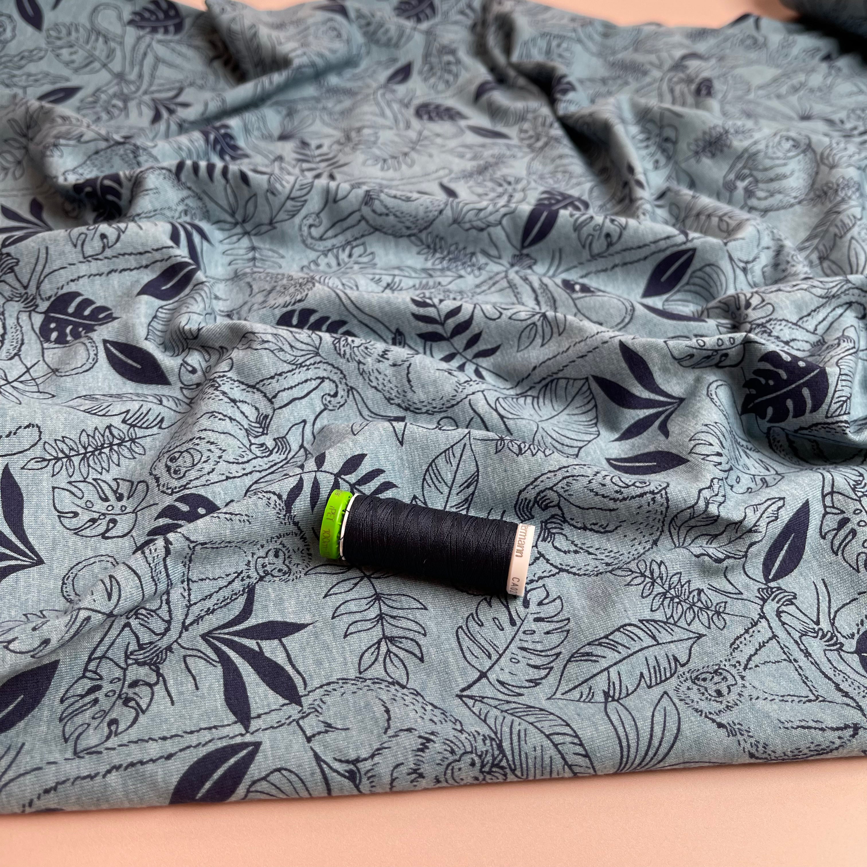 REMNANT 0.75 Metre - Jungle in Blue Melange Cotton Jersey Fabric