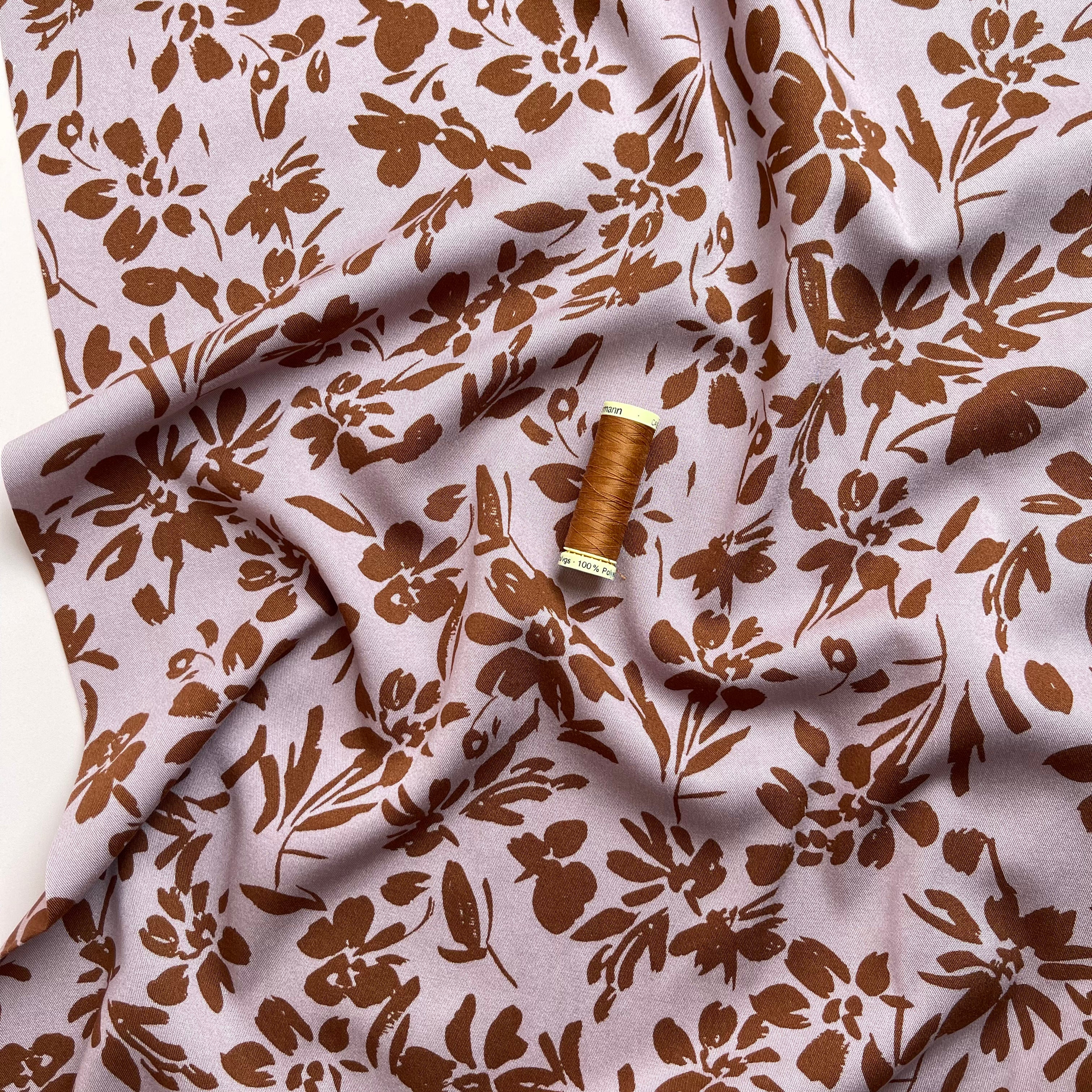 REMNANT 0.4 Metre - Rosella Brown Flowers on Lilac Stretch Viscose Twill Fabric