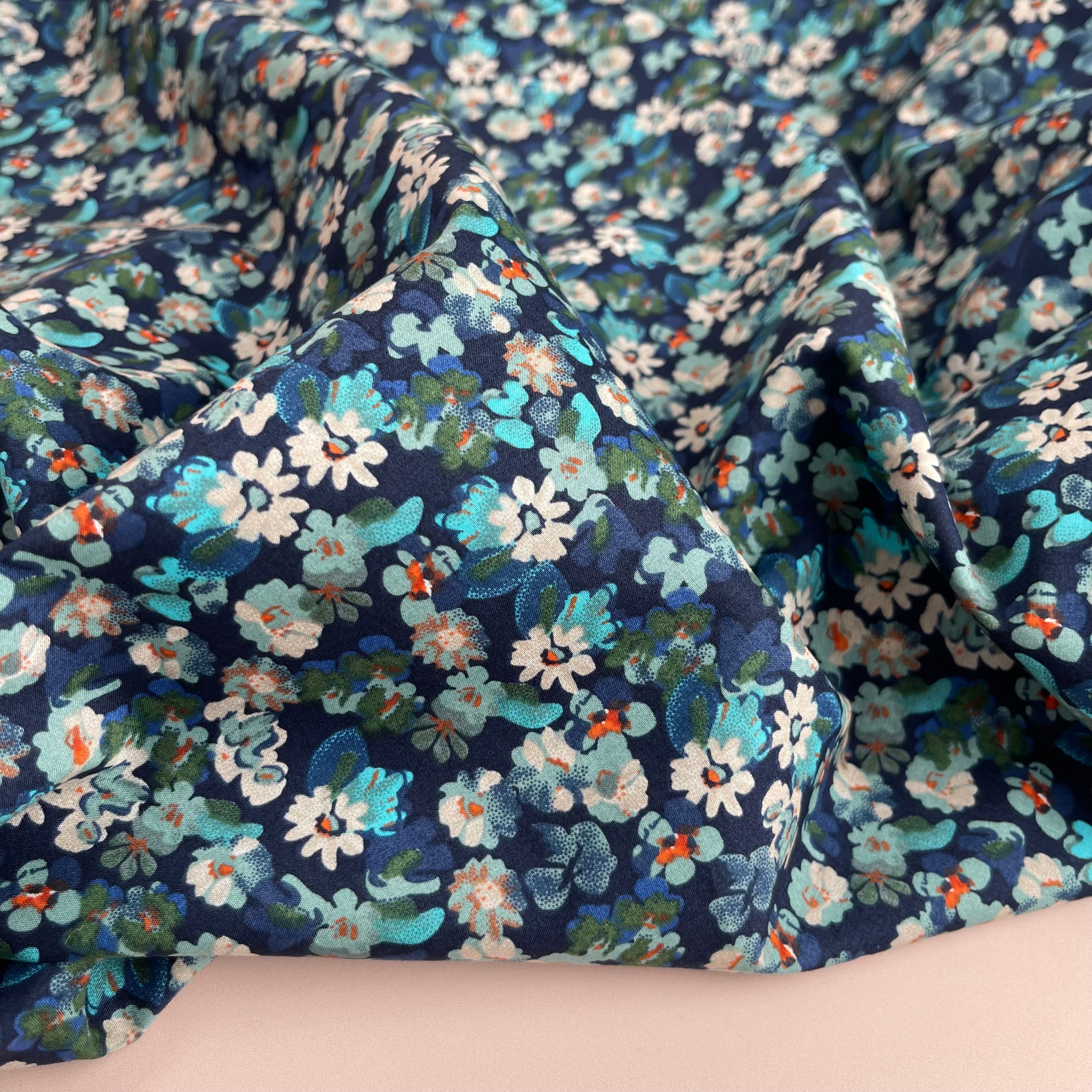 Meadow Blue on Navy Cotton Lawn Fabric