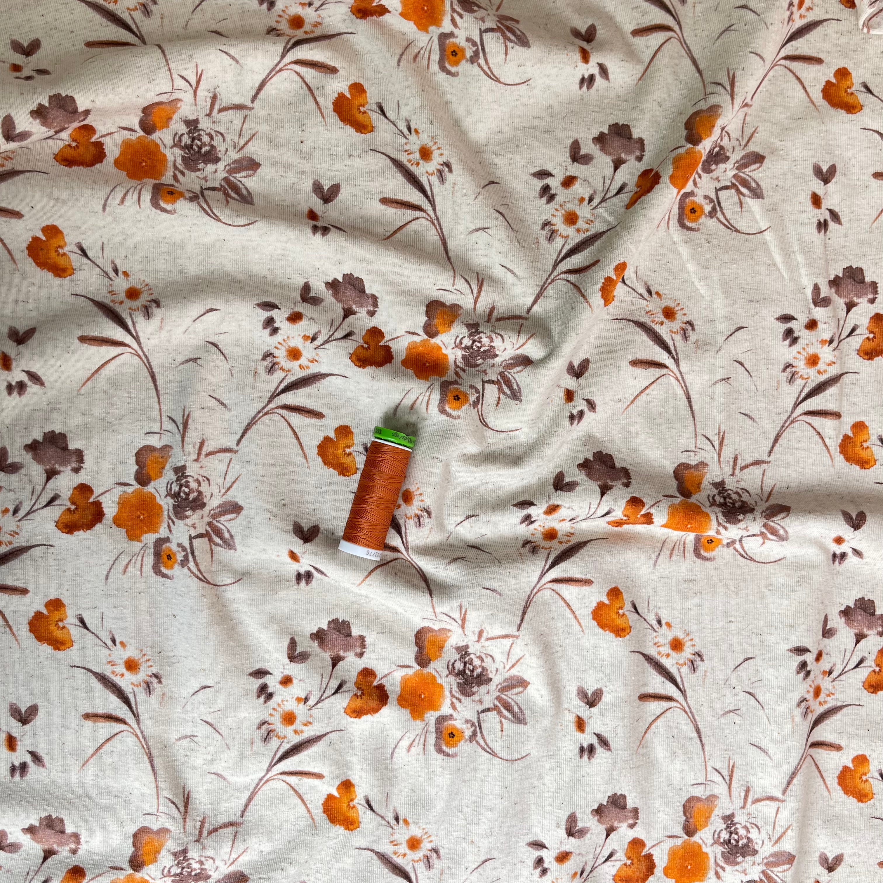 Painted Flowers in Orange Linen Cotton Jersey