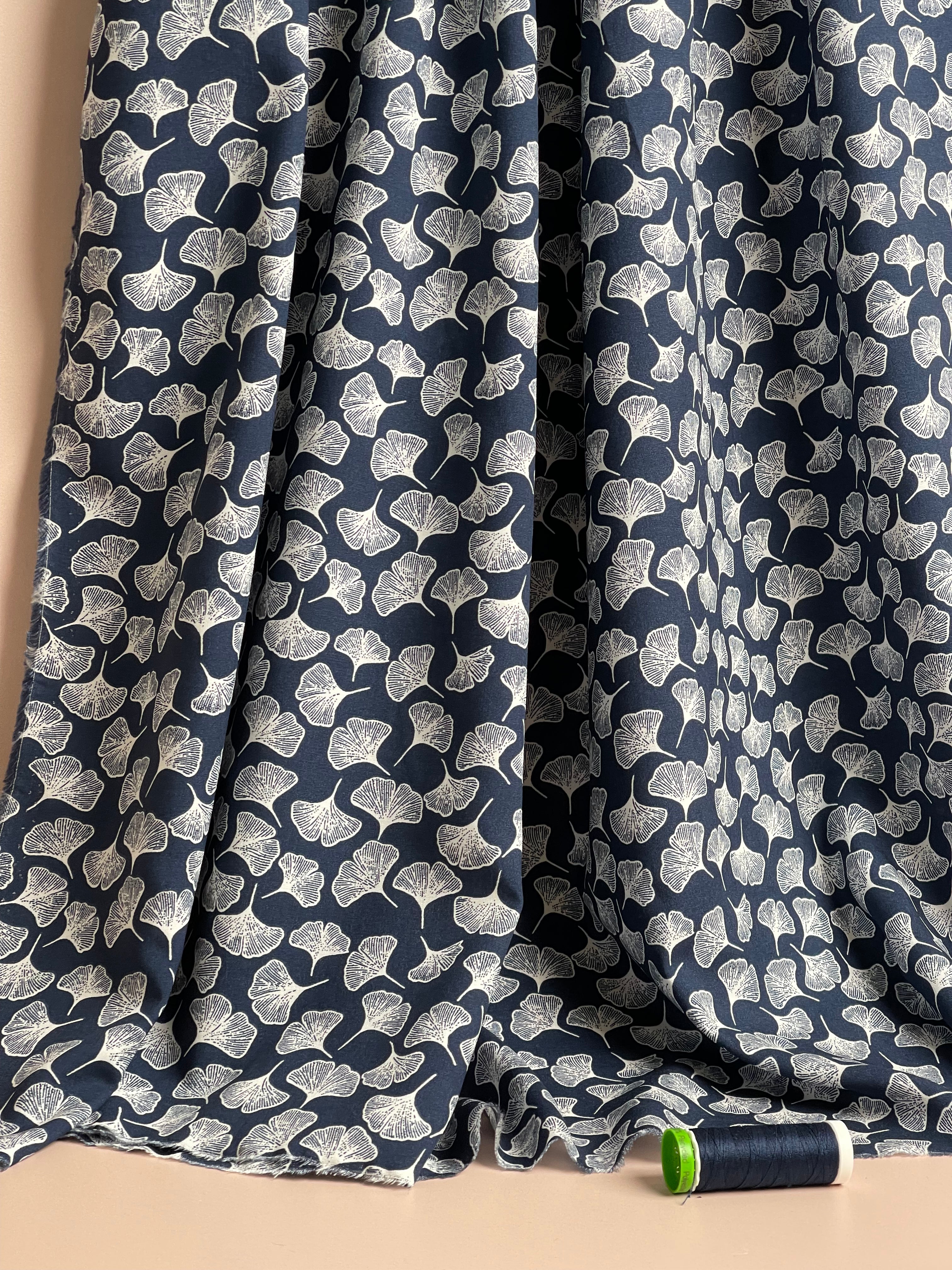 Gingko Navy Blue Viscose Fabric