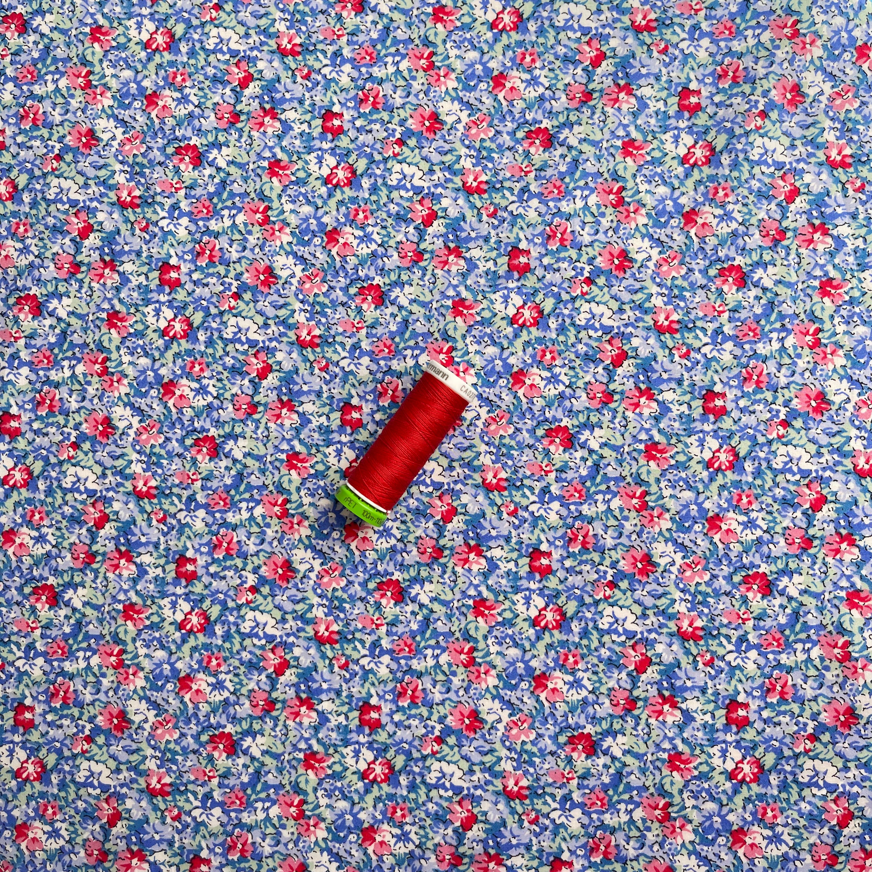 Ditsy Red Flowers on Blue Cotton Lawn