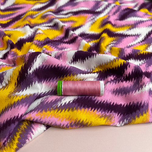 REMNANT 0.6 Metre - Painted Chevrons Purple & Yellow Viscose Jersey Fabric
