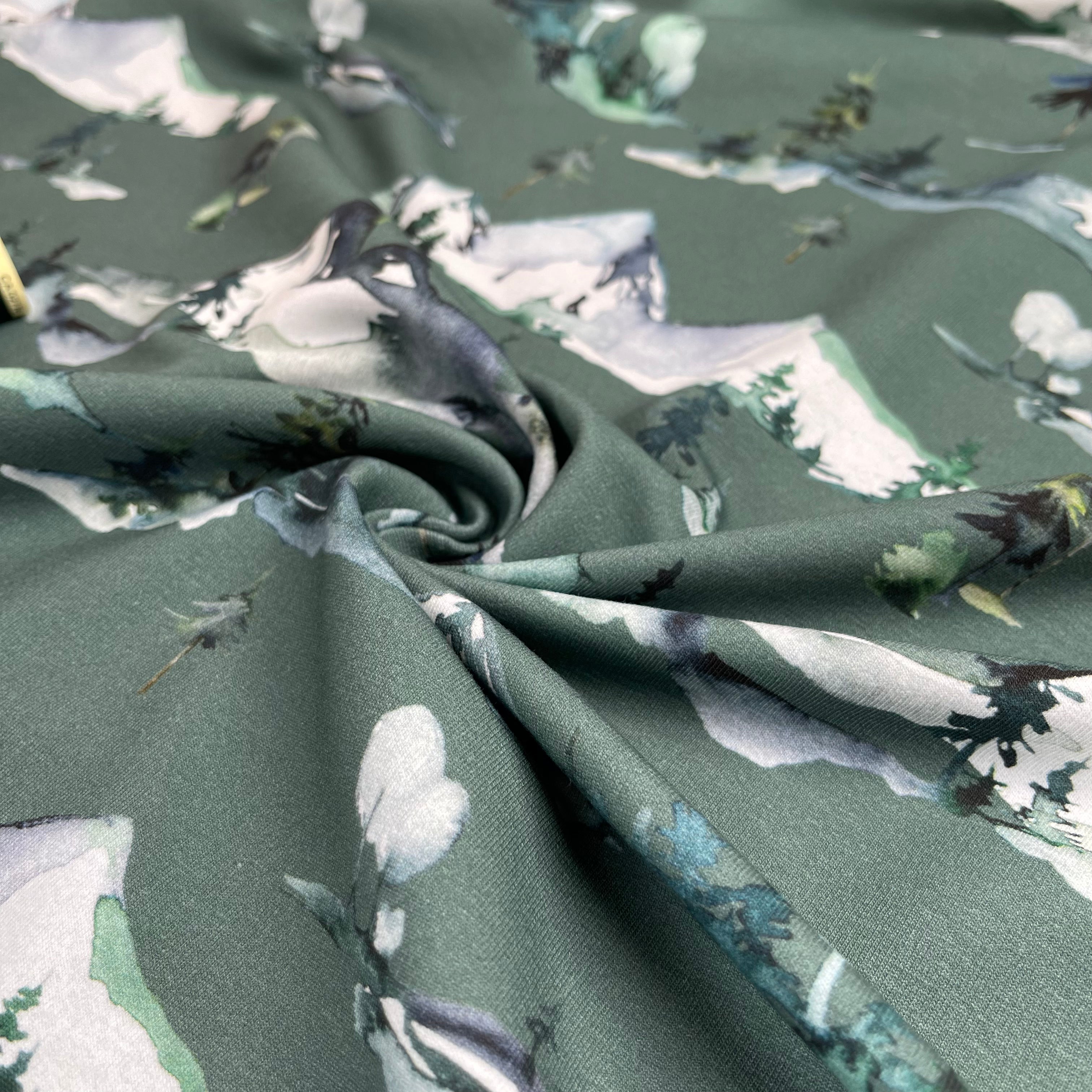 REMNANT 1.14 Metres - Mountains Old Green Cotton French Terry Fabric