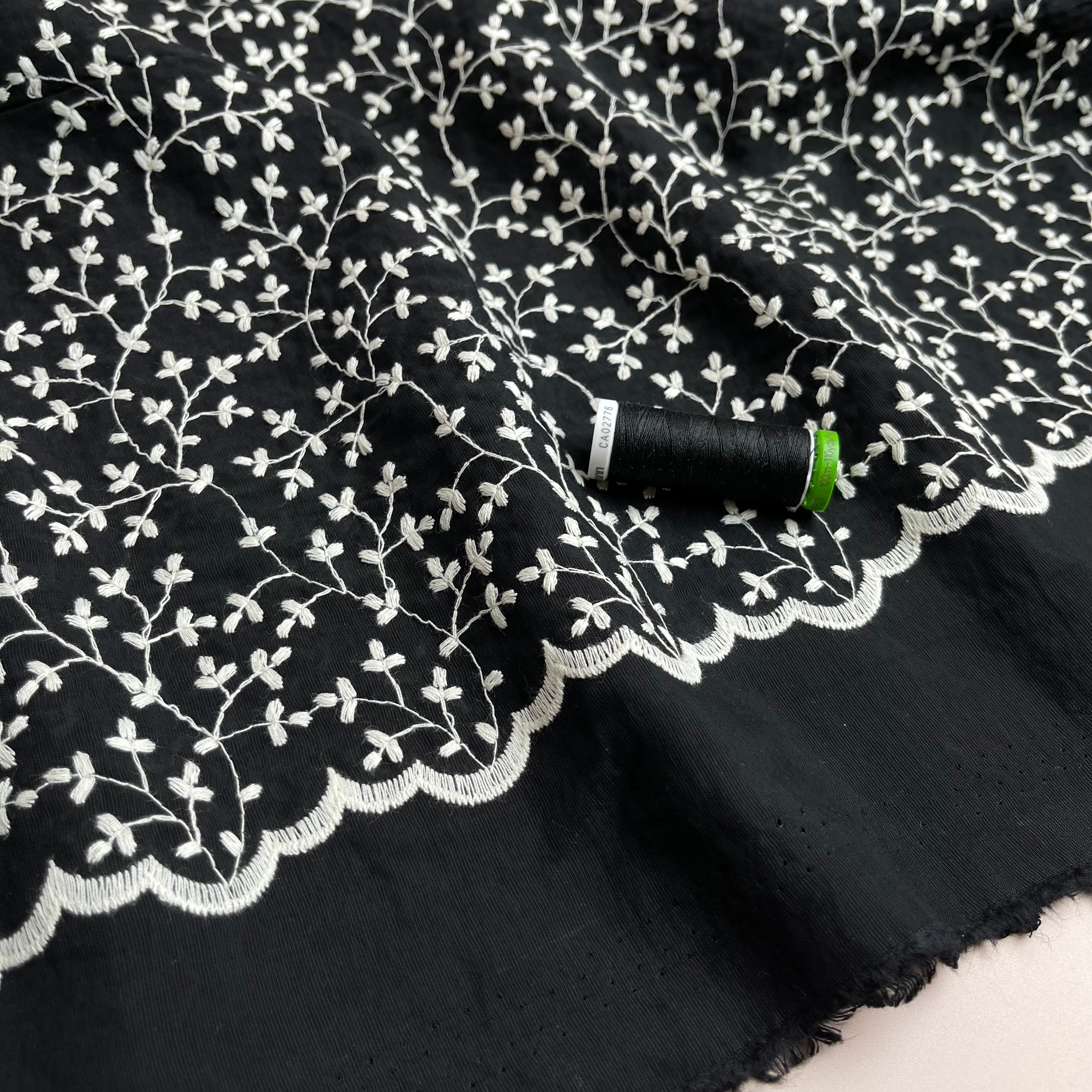 REMNANT 1.18 Metres - Embroidered Vines on Black Viscose Fabric