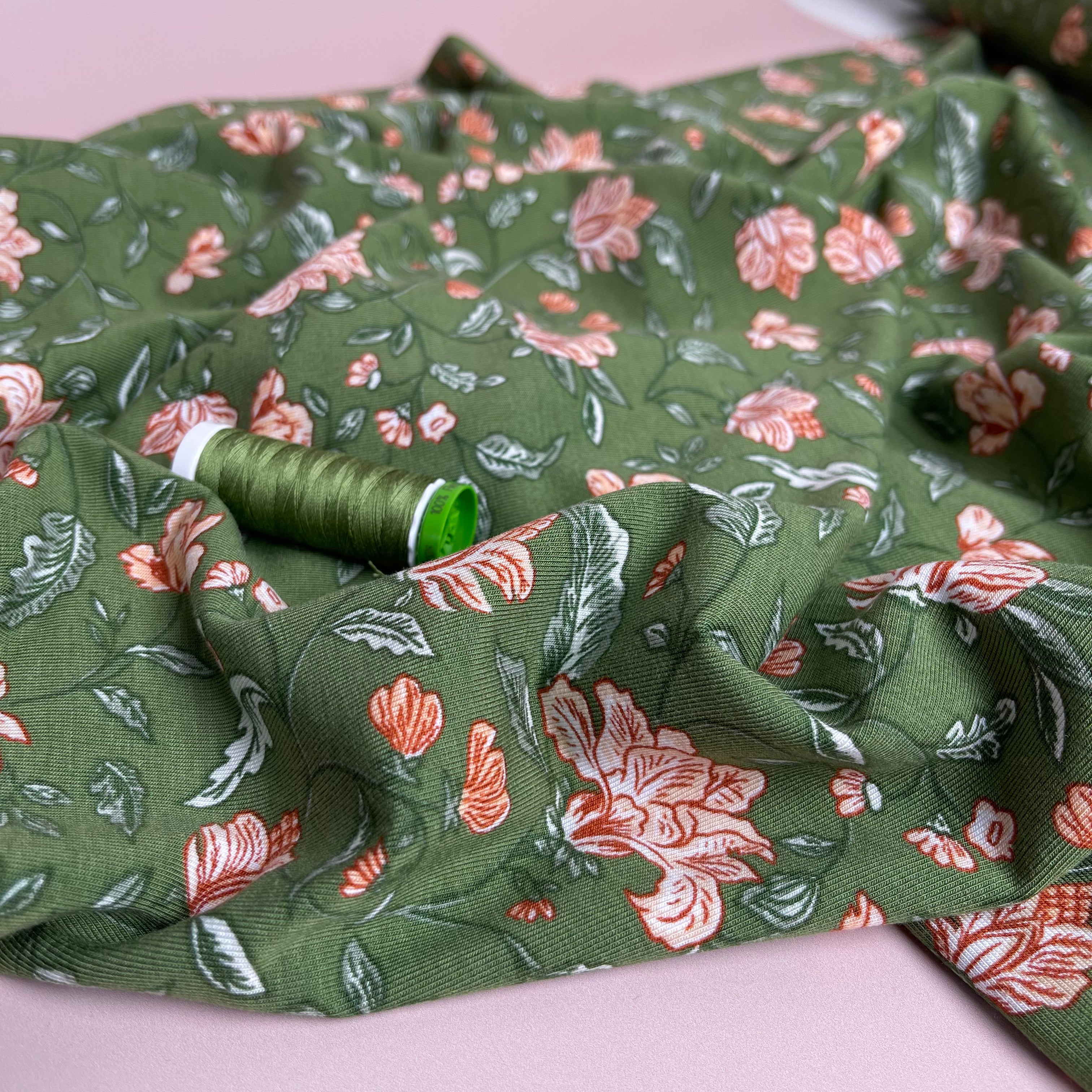 REMNANT 1.24 Metres - Magnolia in Moss Green Bamboo Cotton Jersey