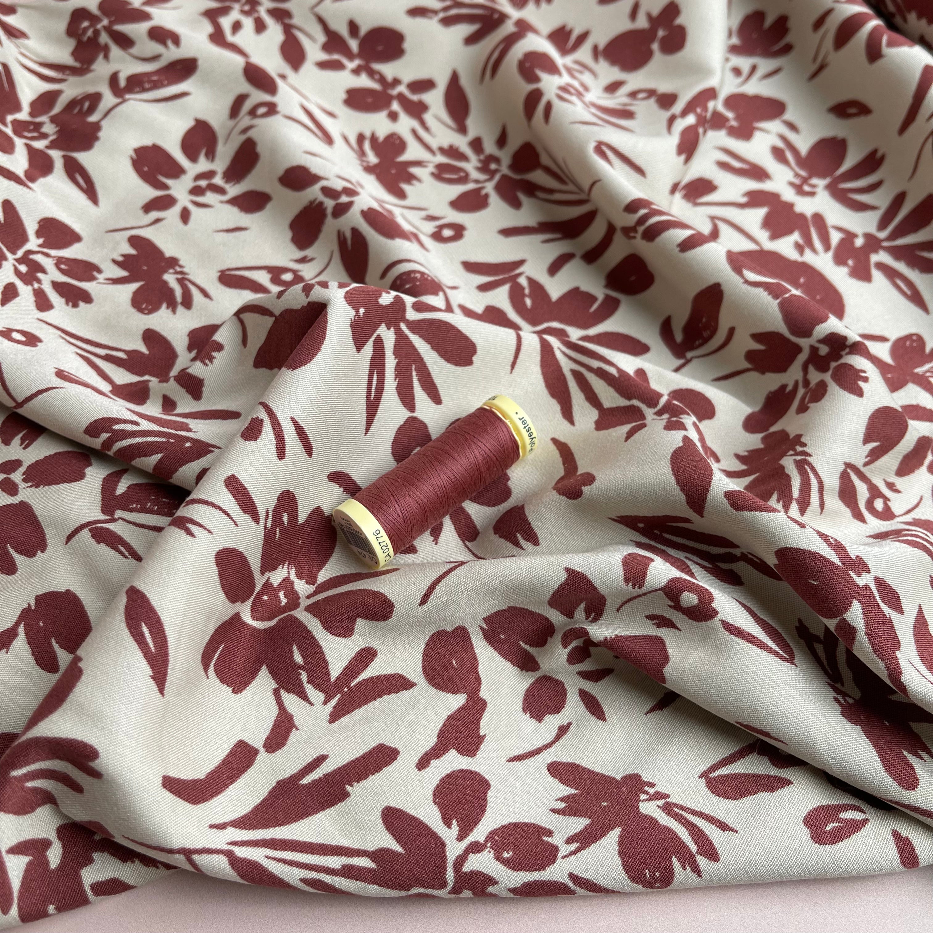 Rosella Rosewood Flowers on Beige Stretch Viscose Twill Fabric
