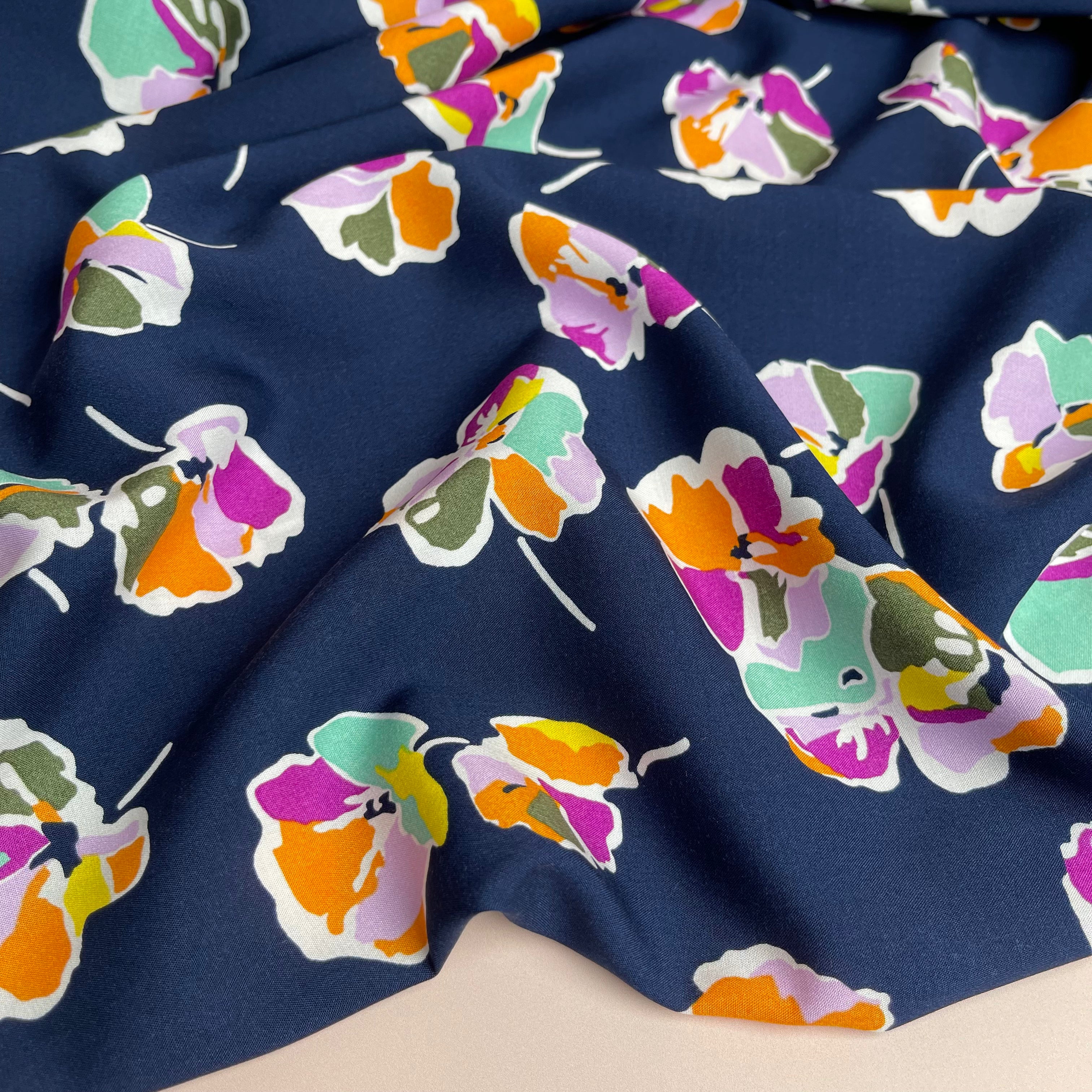 Rainbow Flowers on Navy Viscose Fabric