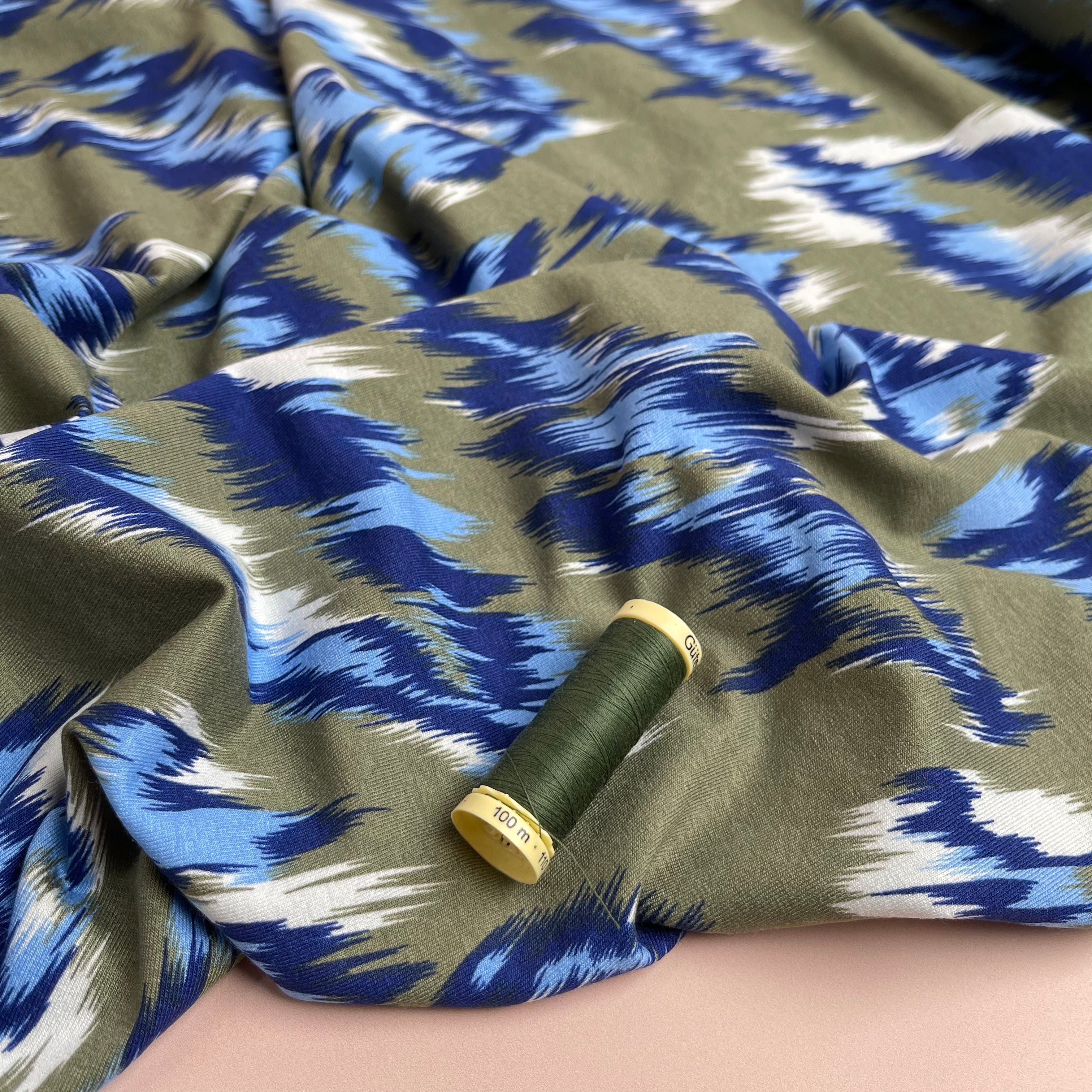 Painted Chevrons Khaki & Blue Viscose Jersey Fabric