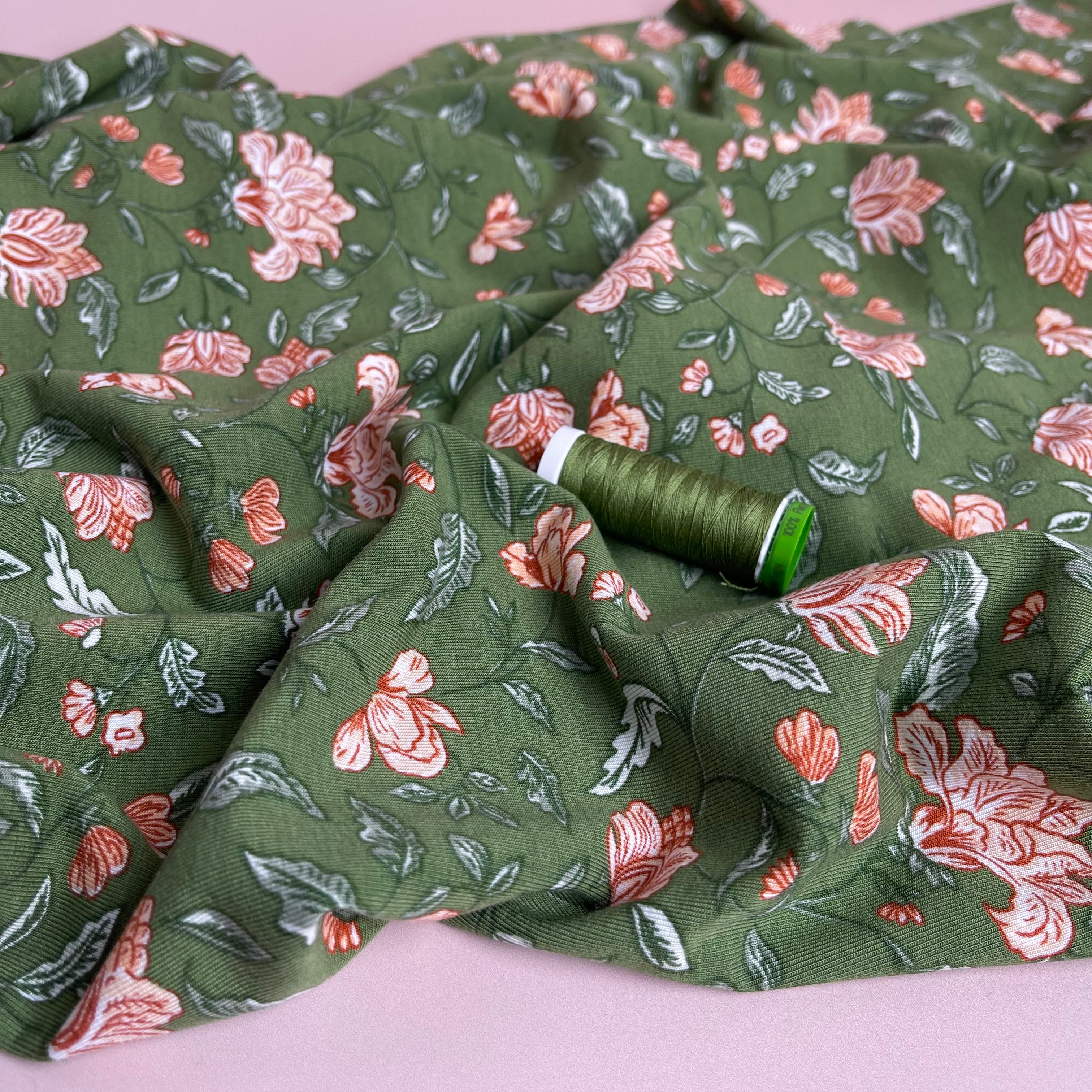 REMNANT 1.24 Metres - Magnolia in Moss Green Bamboo Cotton Jersey