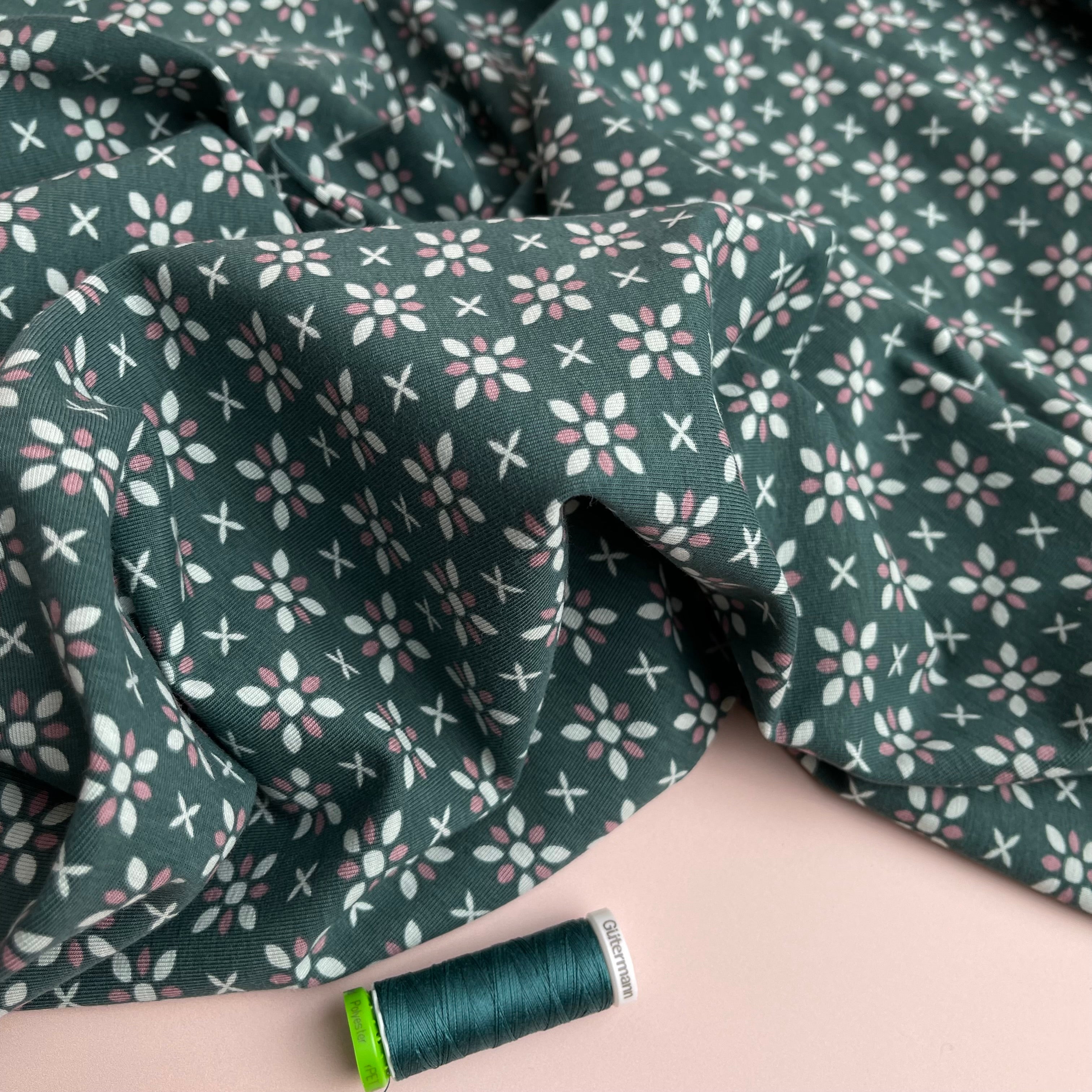 REMNANT 0.50 metre - Graphic Flowers Teal Cotton Jersey