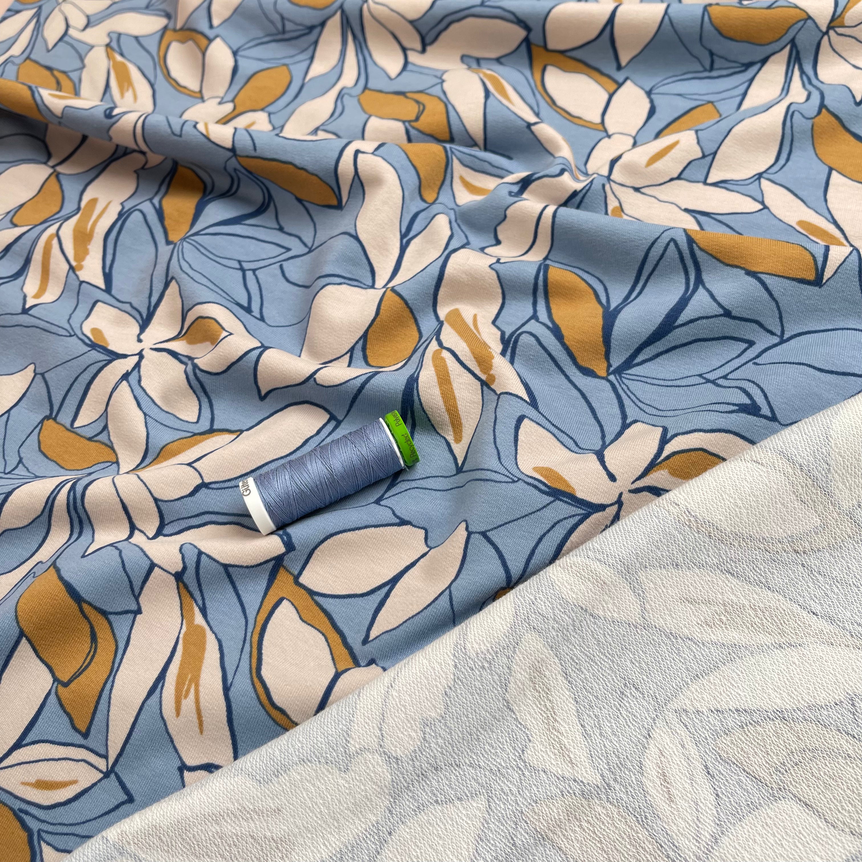 Bold Flowers Light Blue Cotton French Terry Fabric