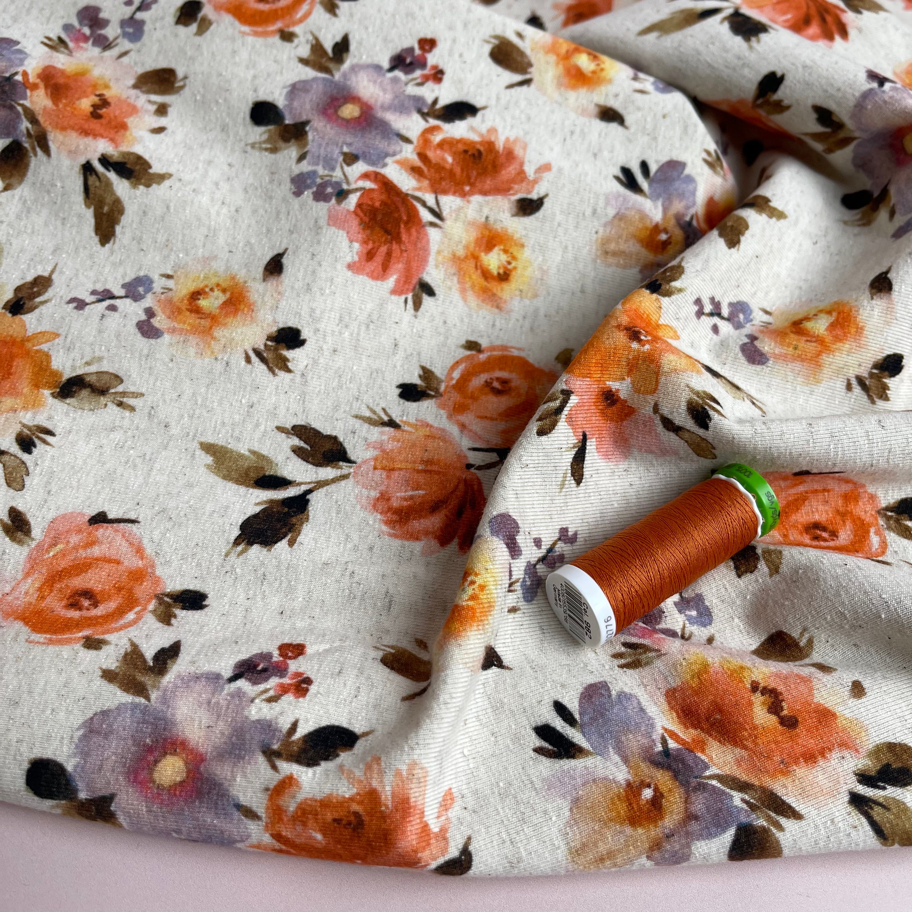 Painted Roses in Peach Linen Cotton Jersey