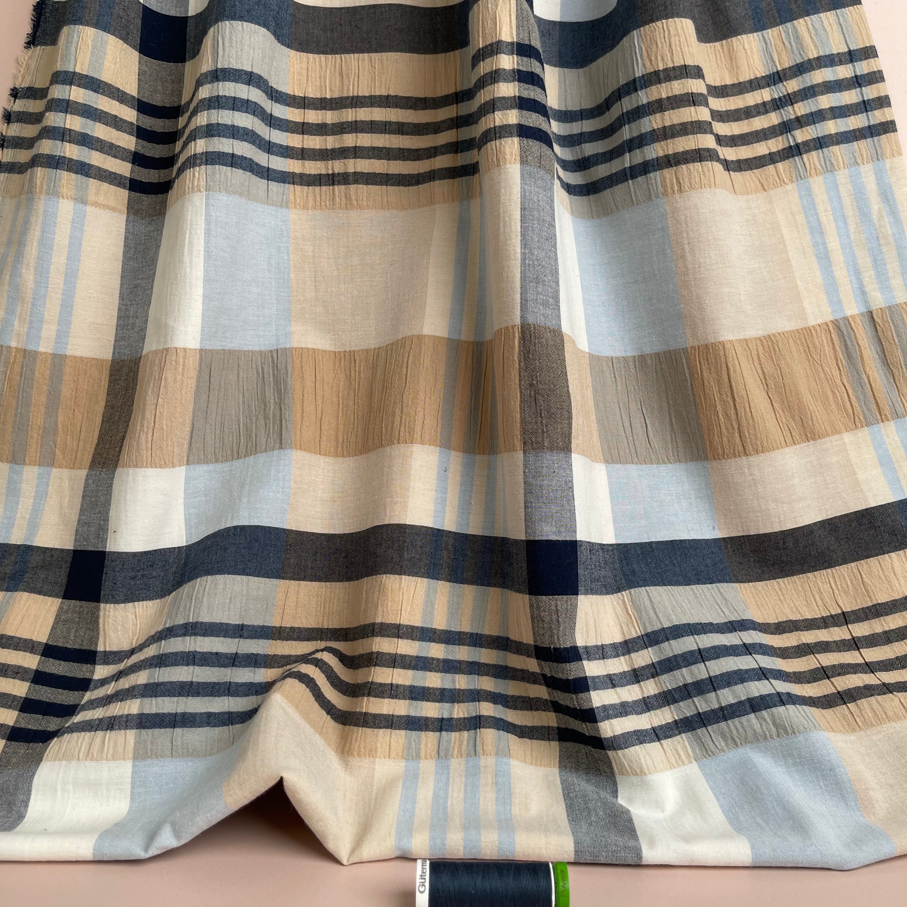 REMNANT 0.78 Metre - Yarn Dyed Checks in Blue and Beige Stretch Cotton Fabric
