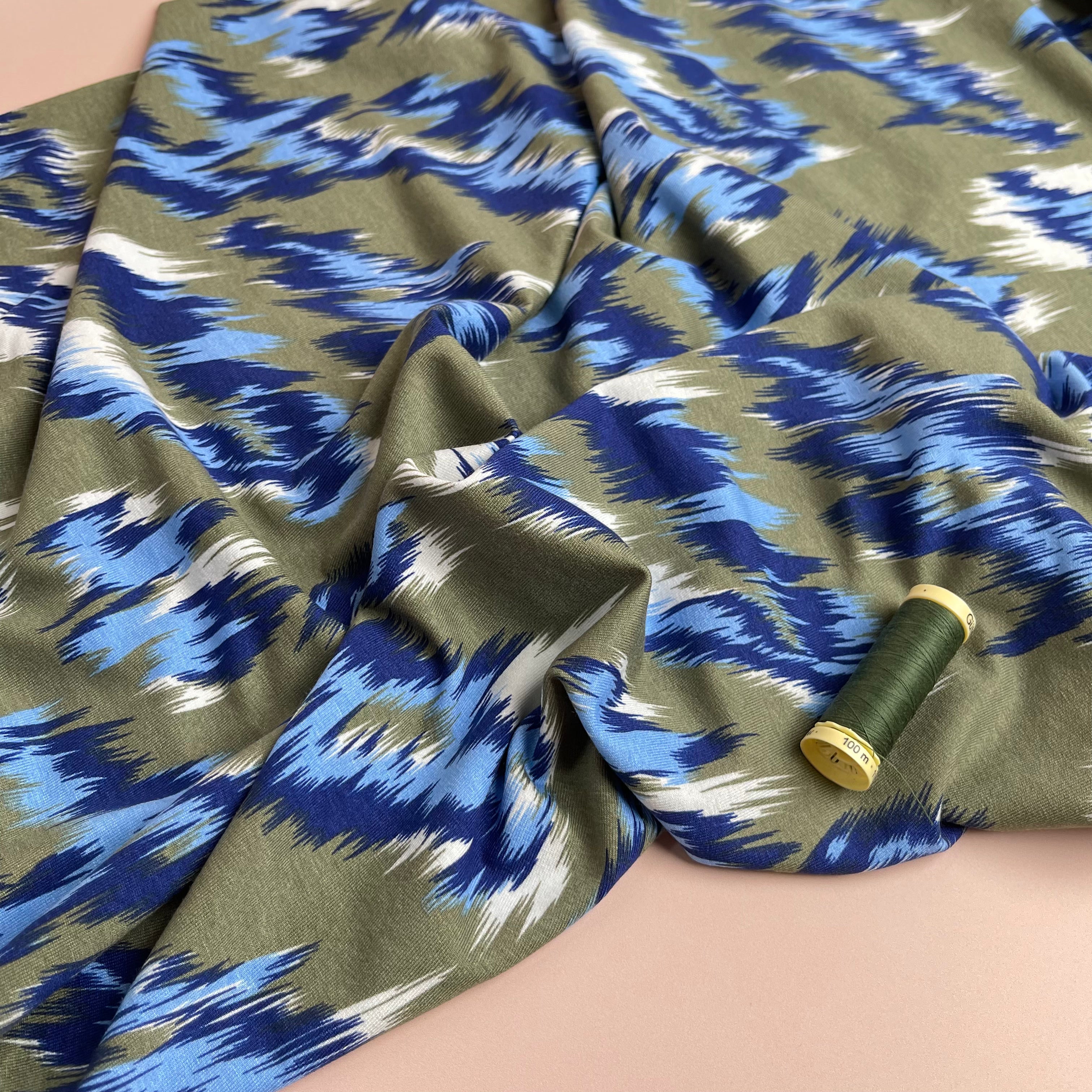 Painted Chevrons Khaki & Blue Viscose Jersey Fabric