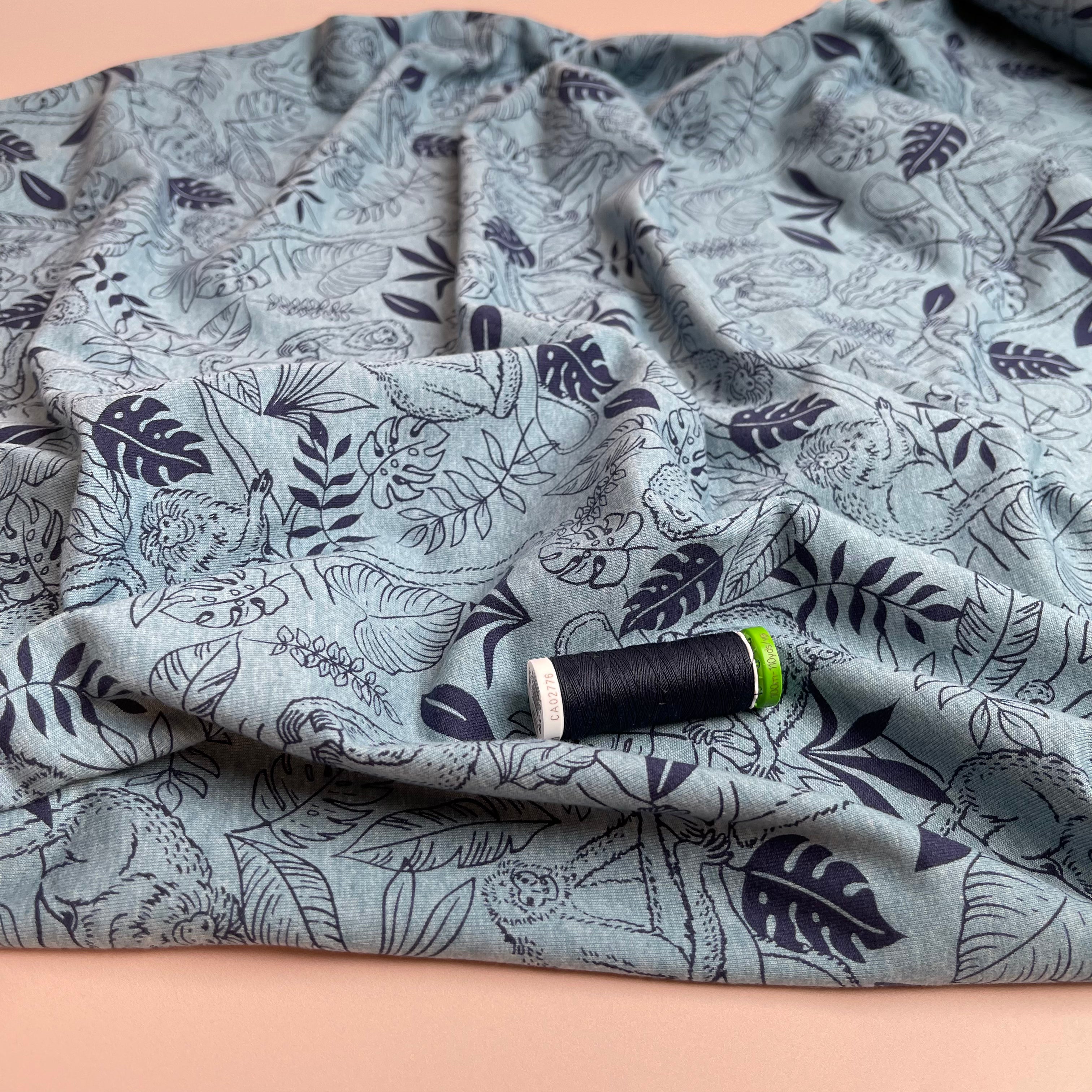 REMNANT 0.75 Metre - Jungle in Blue Melange Cotton Jersey Fabric