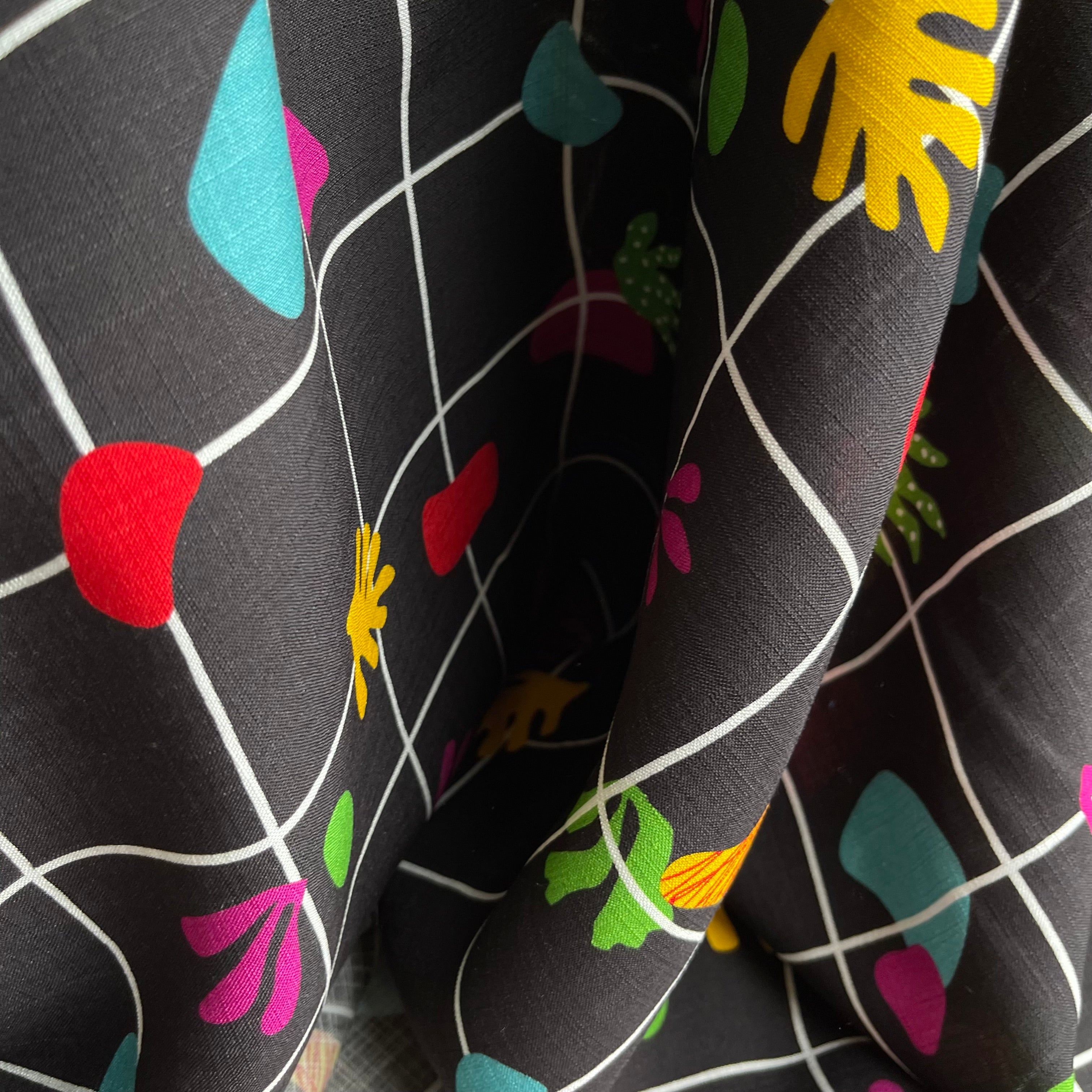 Tropical Grid Black Linen Look Slub Rayon Fabric