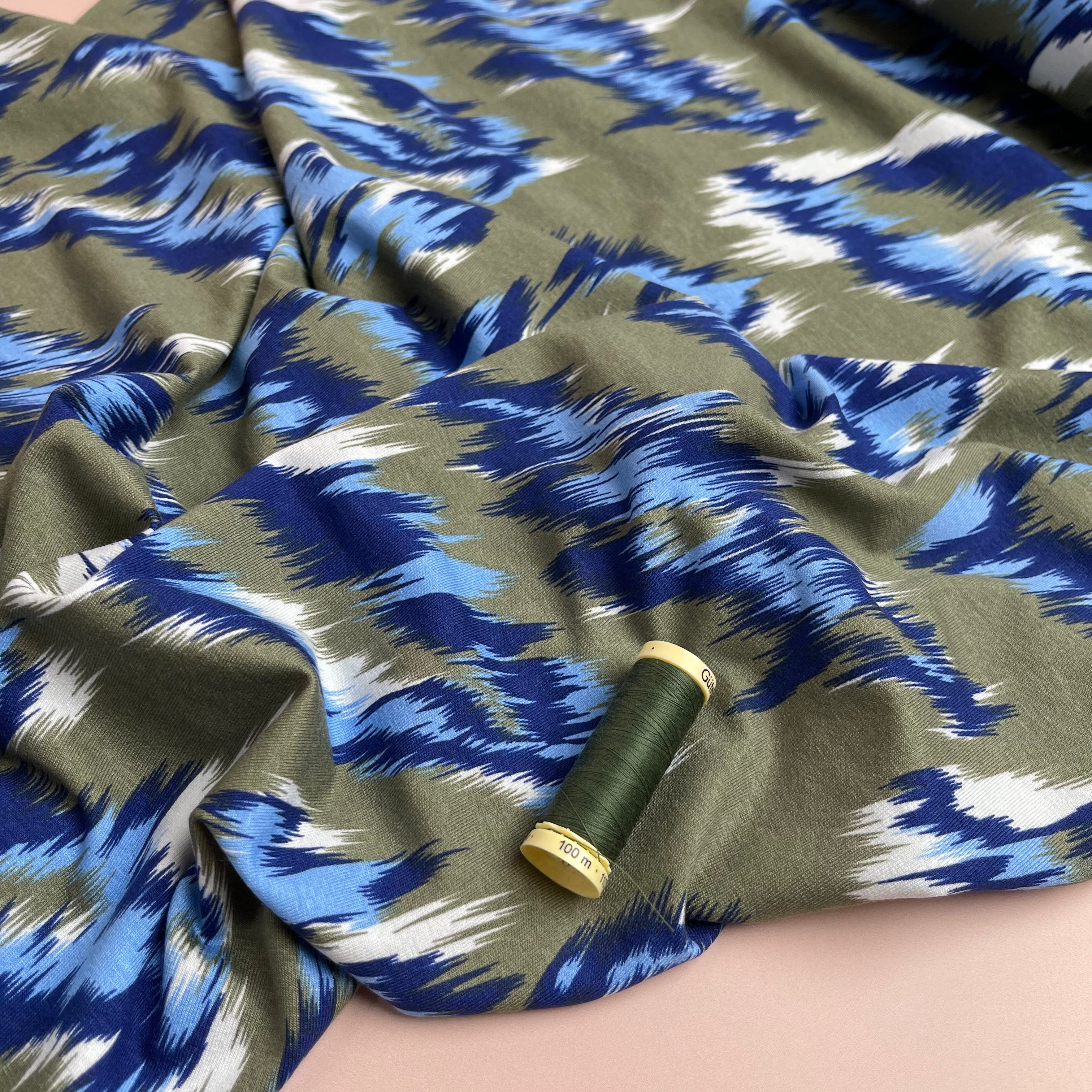 Painted Chevrons Khaki & Blue Viscose Jersey Fabric