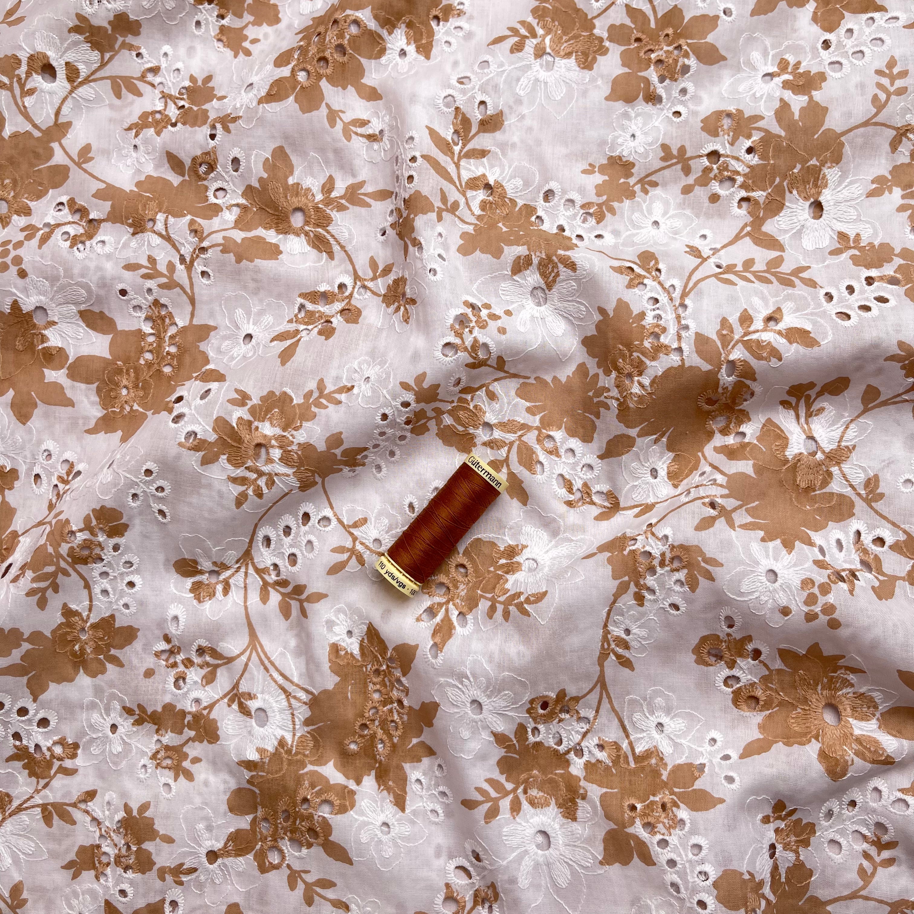 Printed Toffee Flowers Cotton Broderie Anglaise Fabric