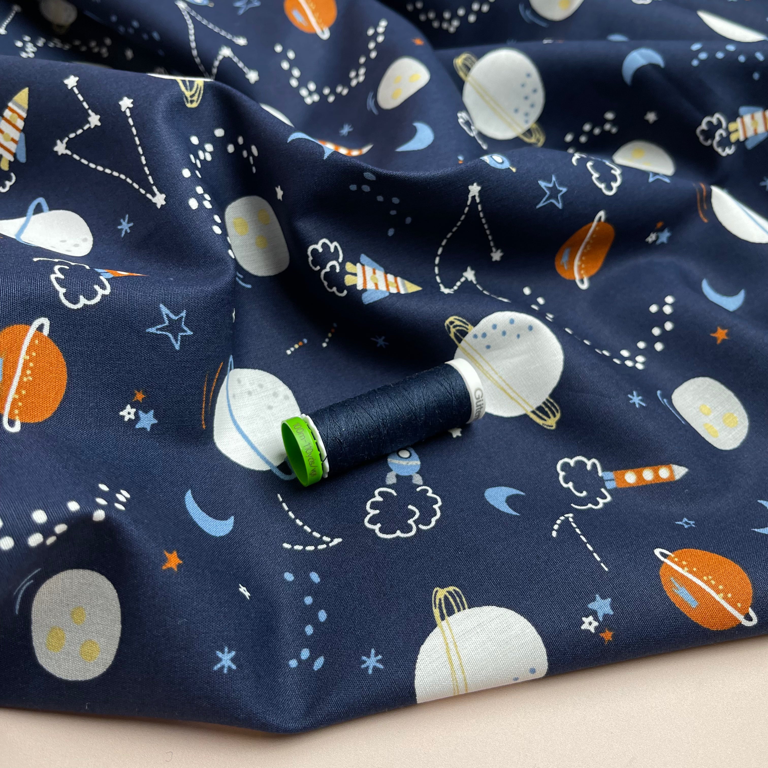 Space on Navy Cotton Poplin Fabric