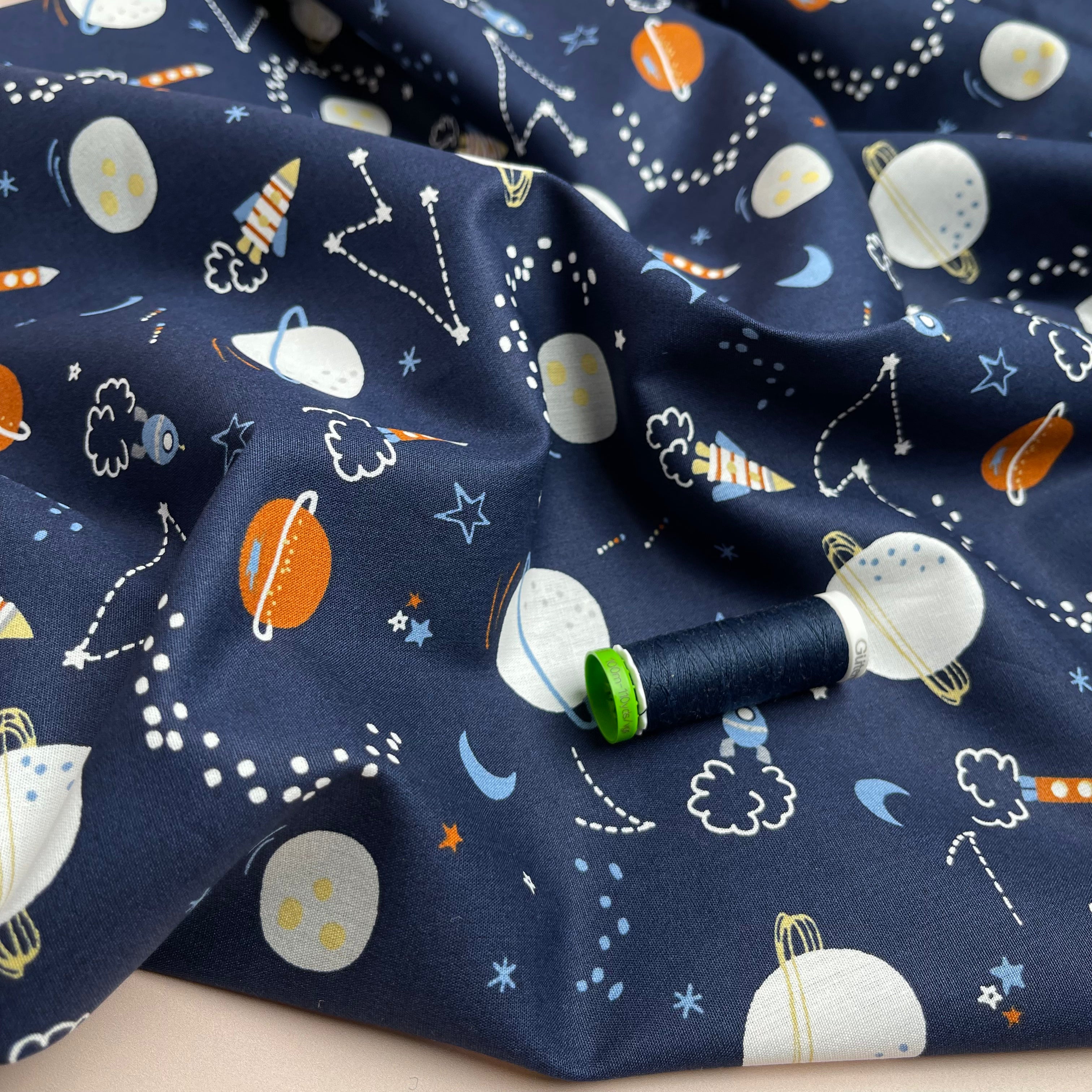 Space on Navy Cotton Poplin Fabric