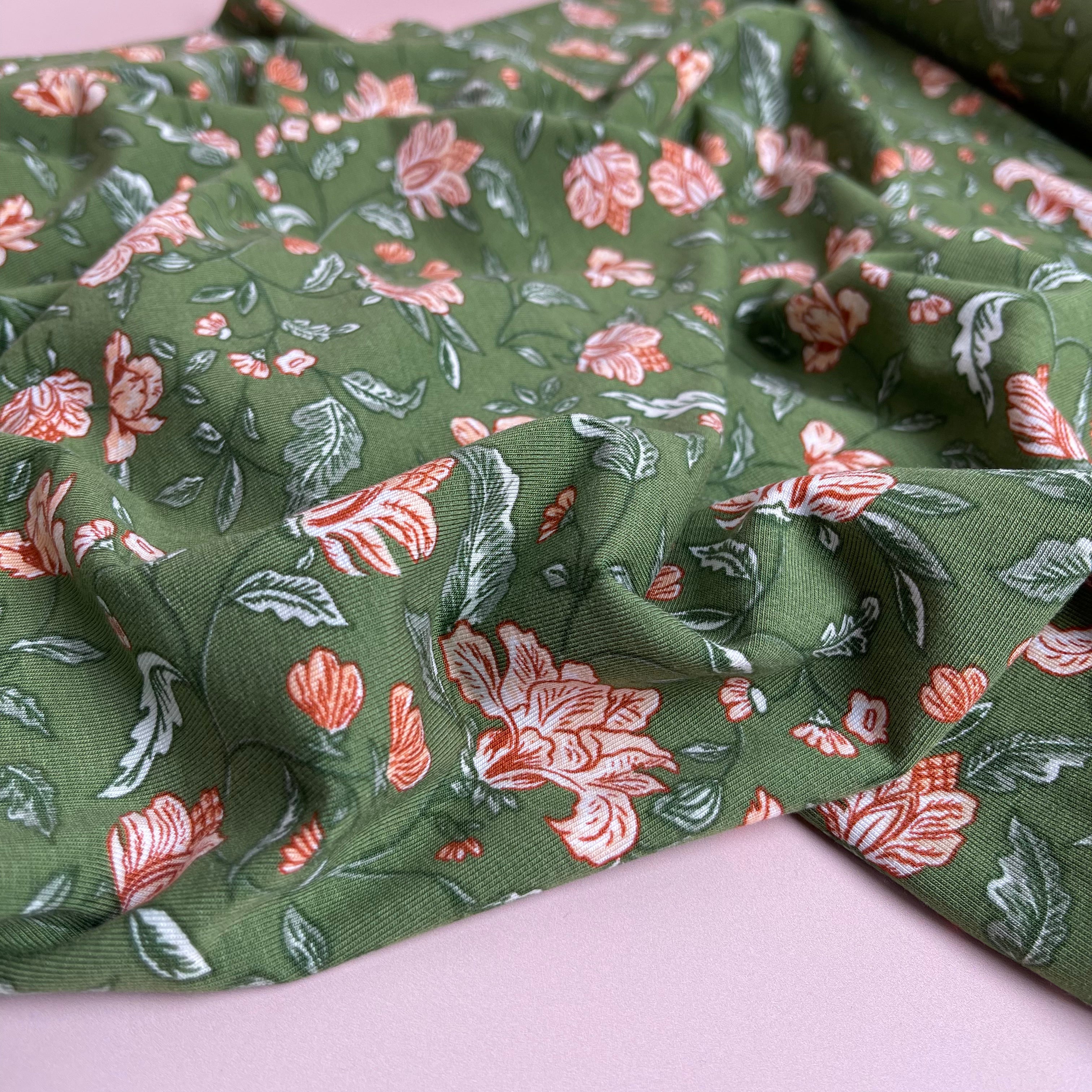REMNANT 1.24 Metres - Magnolia in Moss Green Bamboo Cotton Jersey