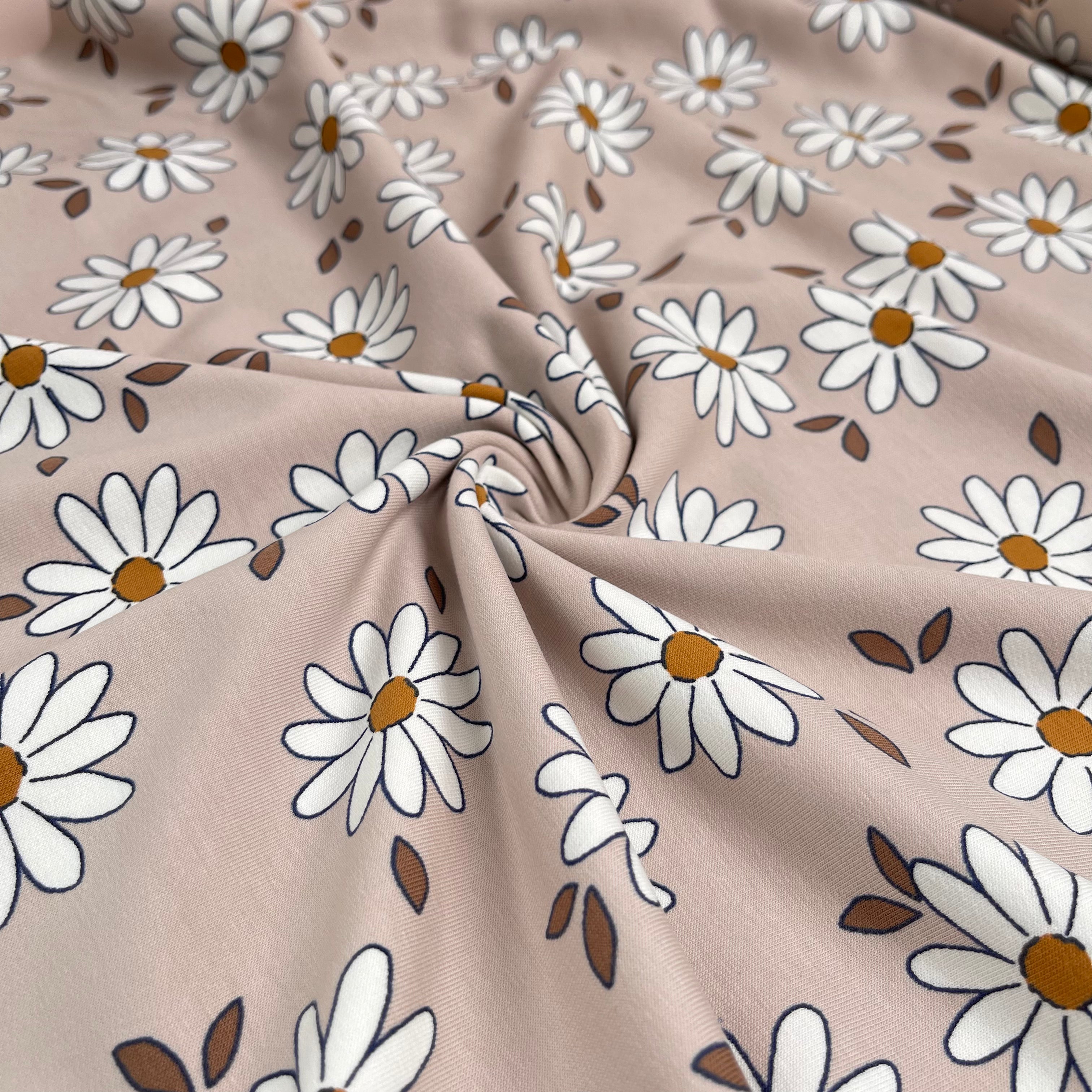 Daisies on Sandy Blush Cotton French Terry Fabric