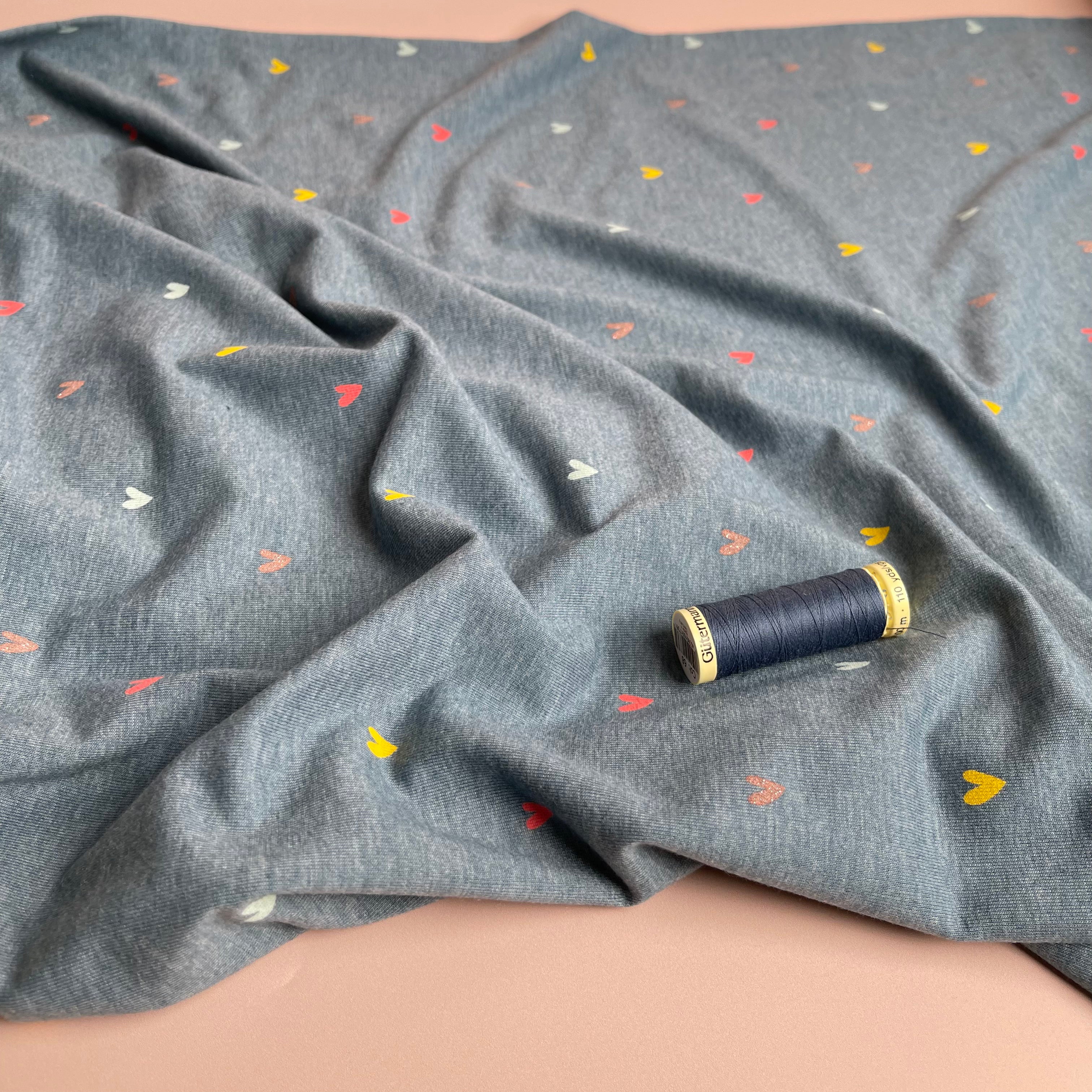 Love Hearts with Glitter Smokey Blue Cotton Melange Jersey