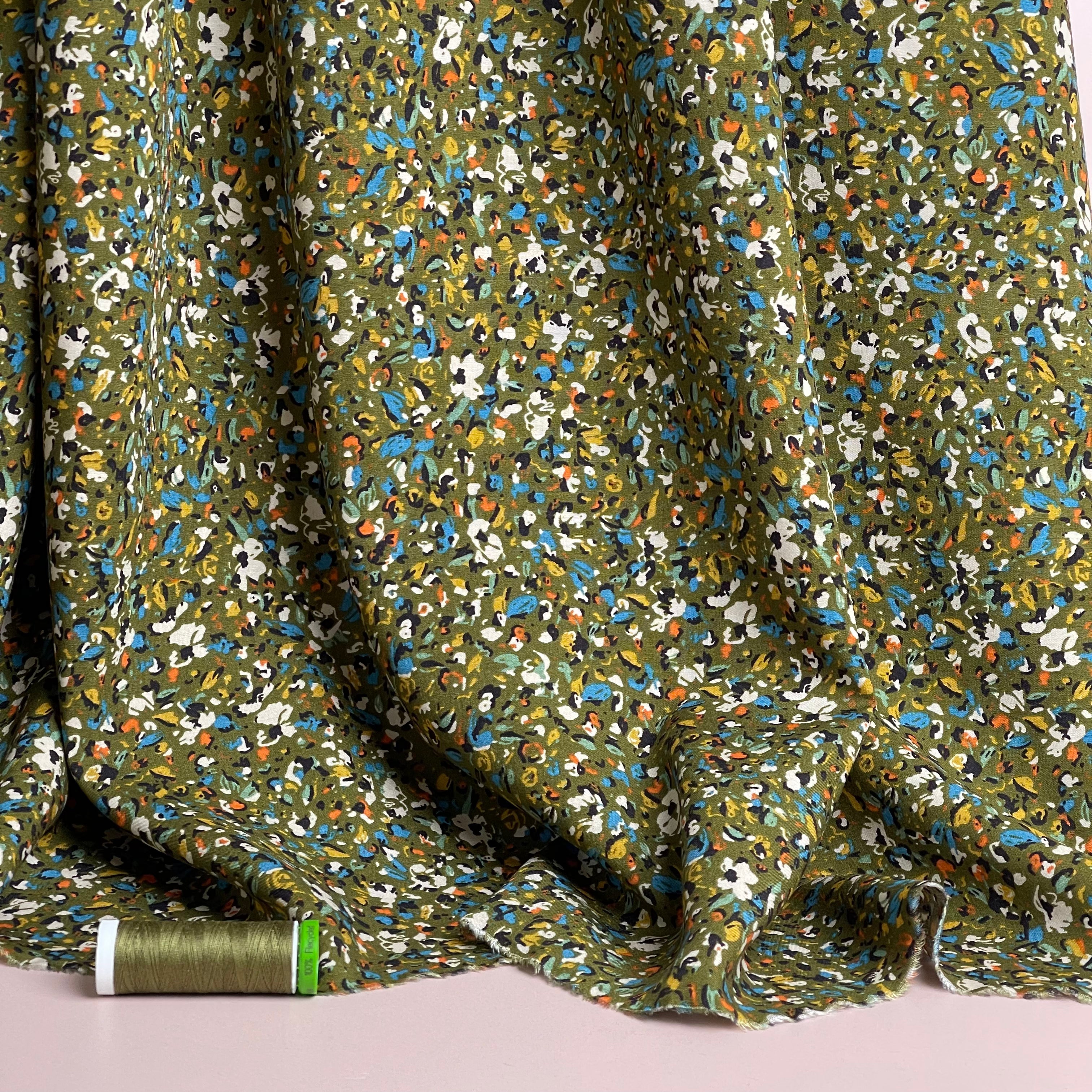 Abstract Field Khaki Viscose Fabric