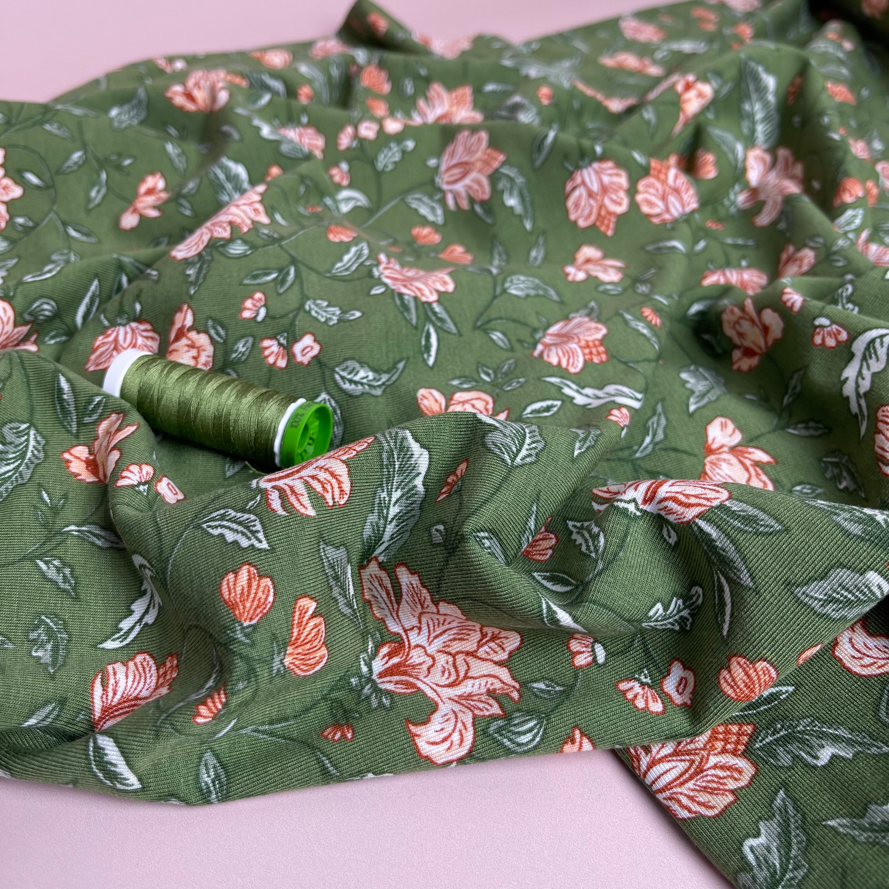 REMNANT 1.24 Metres - Magnolia in Moss Green Bamboo Cotton Jersey