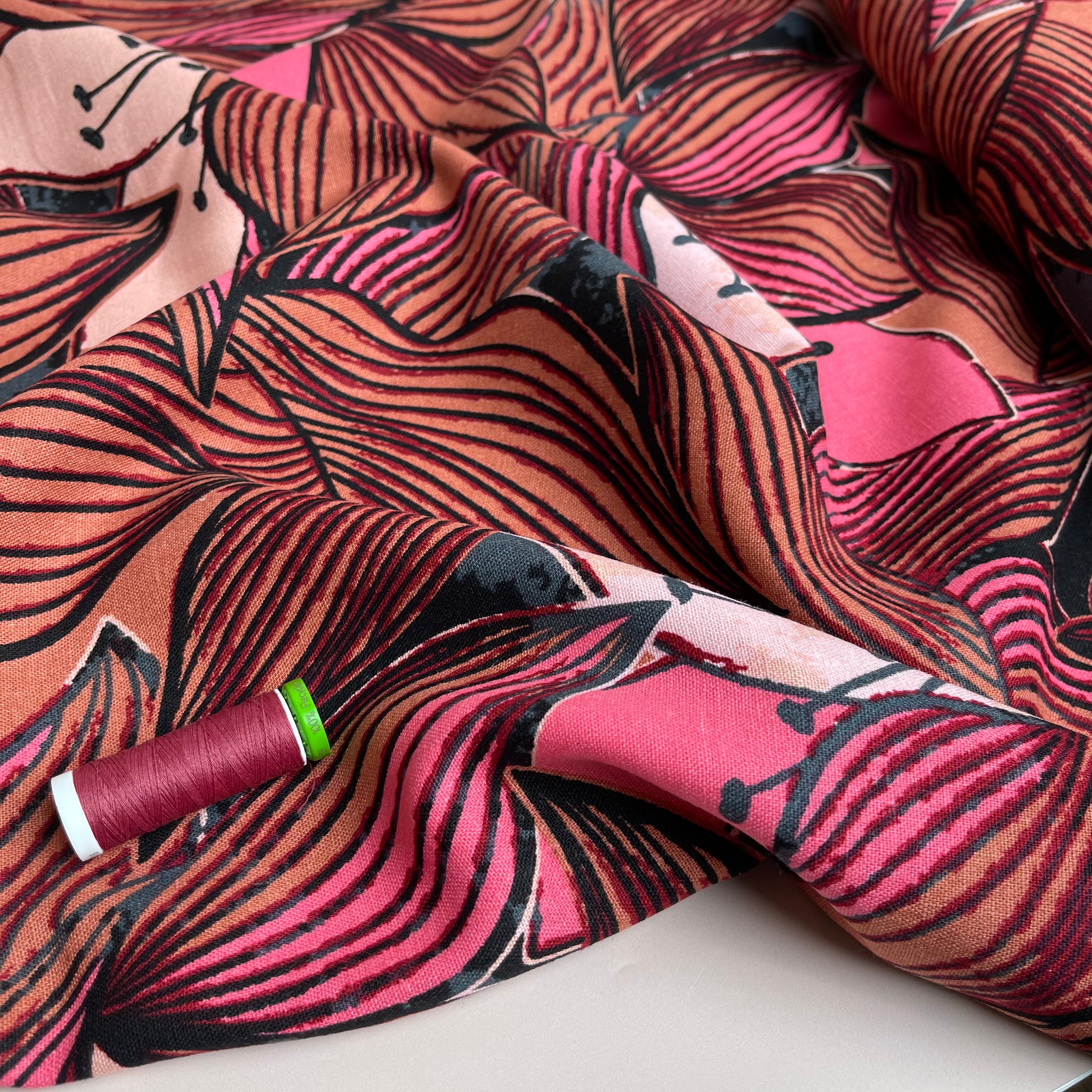 REMNANT 2.83 Metres - Linear Leaves Brown Linen Viscose Blend Fabric