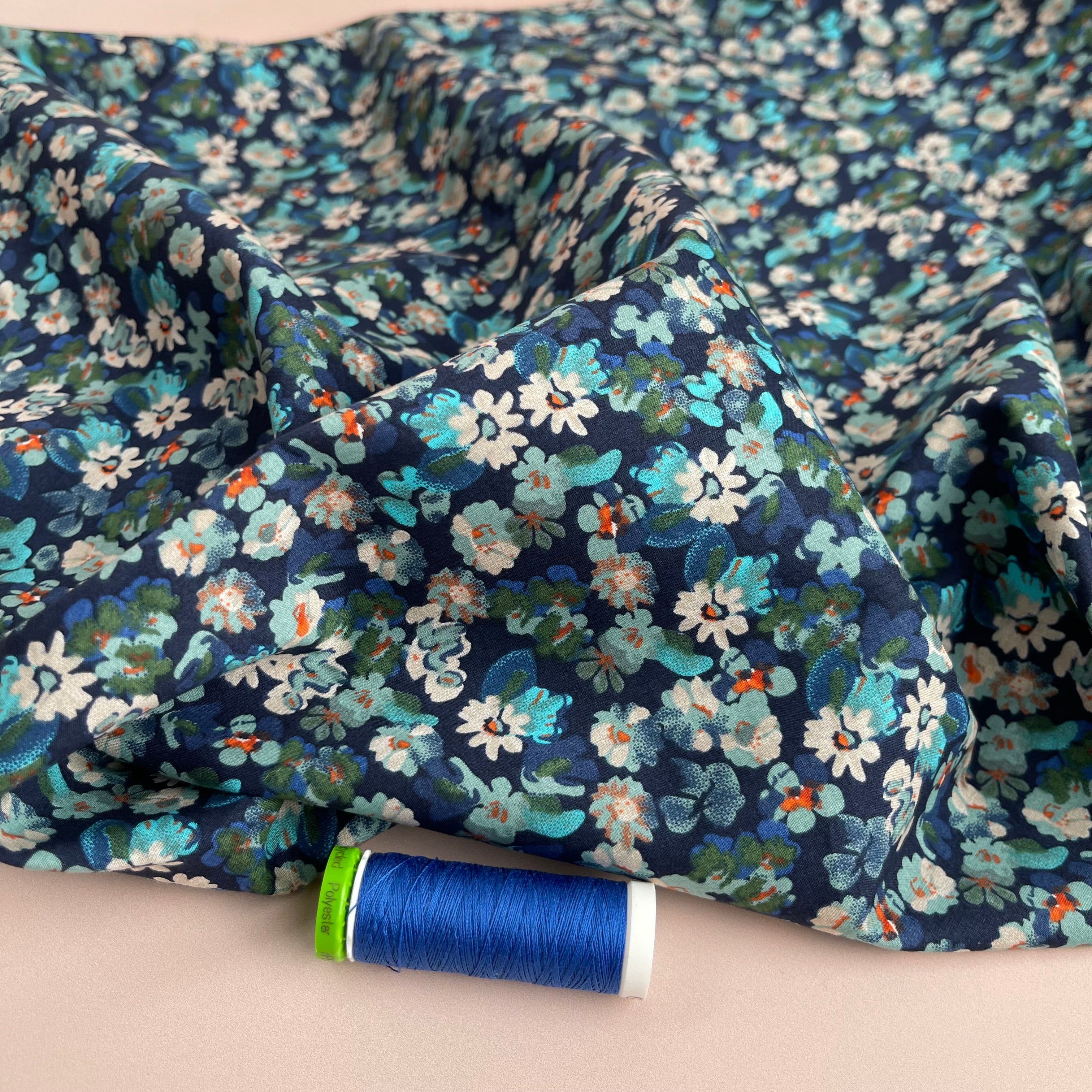 Meadow Blue on Navy Cotton Lawn Fabric