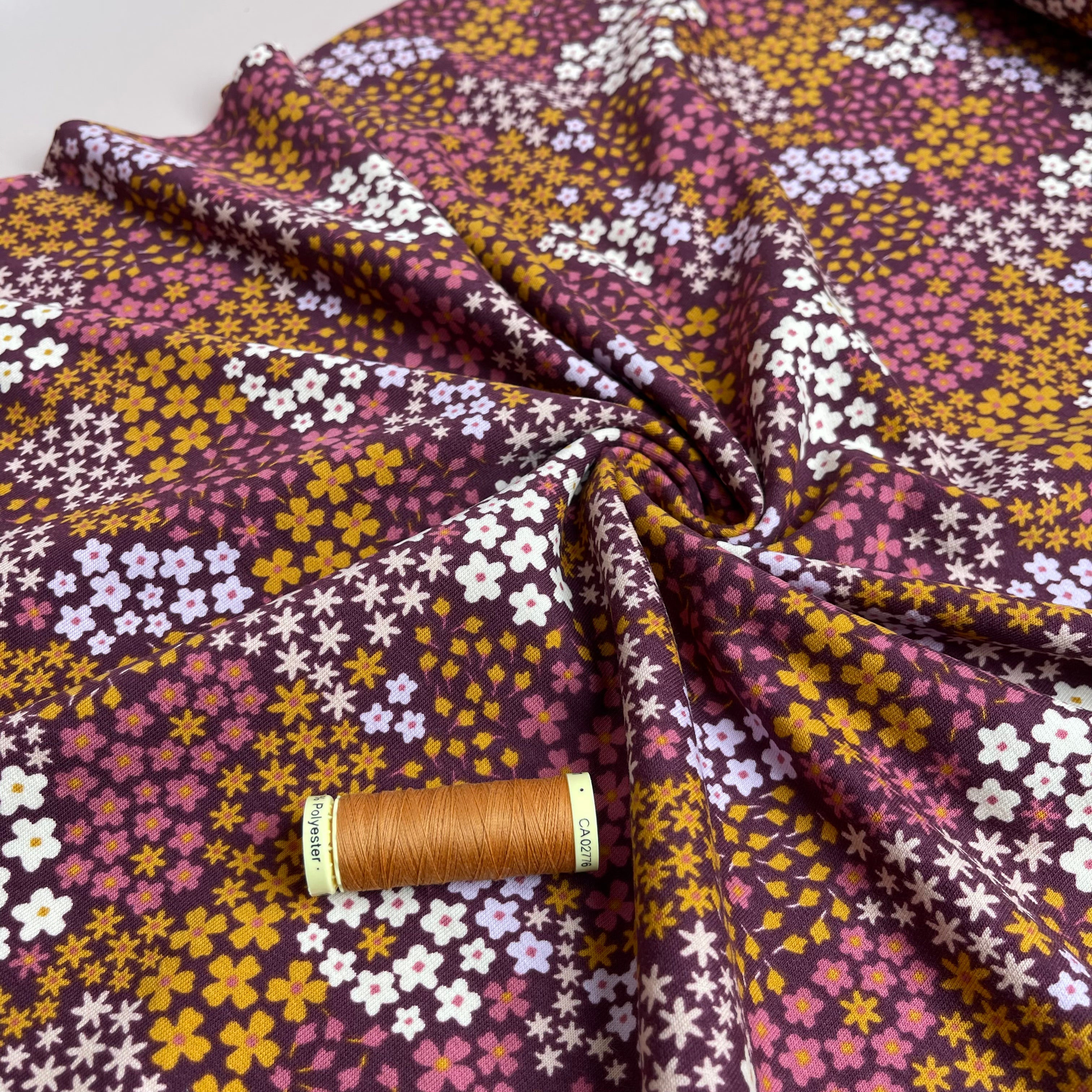 REMNANT 1.02 Metres - Ditsy Flowers Burgundy Cotton French Terry Fabric