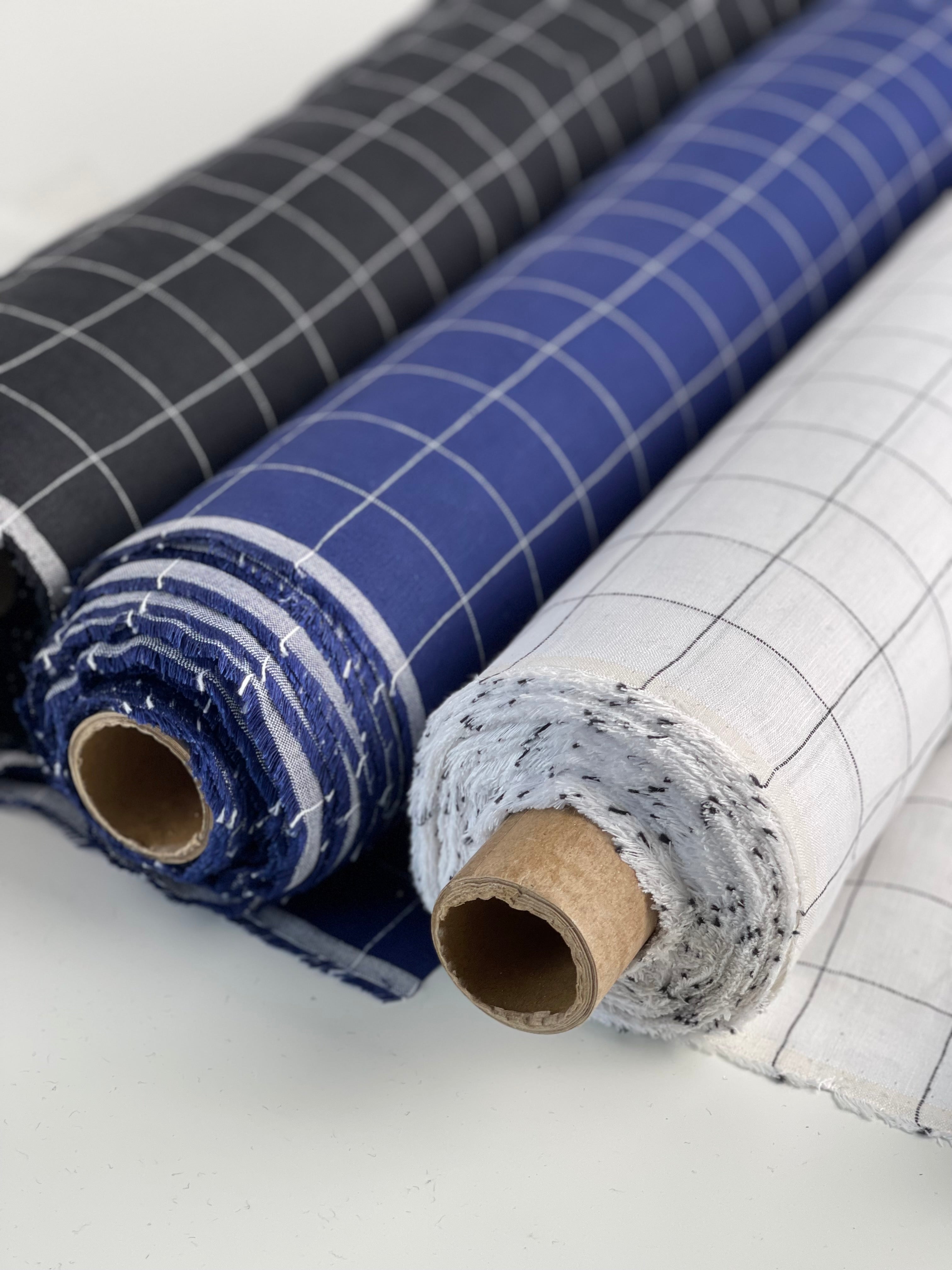 REMNANT 0.67 Metre - Monochrome Checks Cobalt Blue Linen Fabric