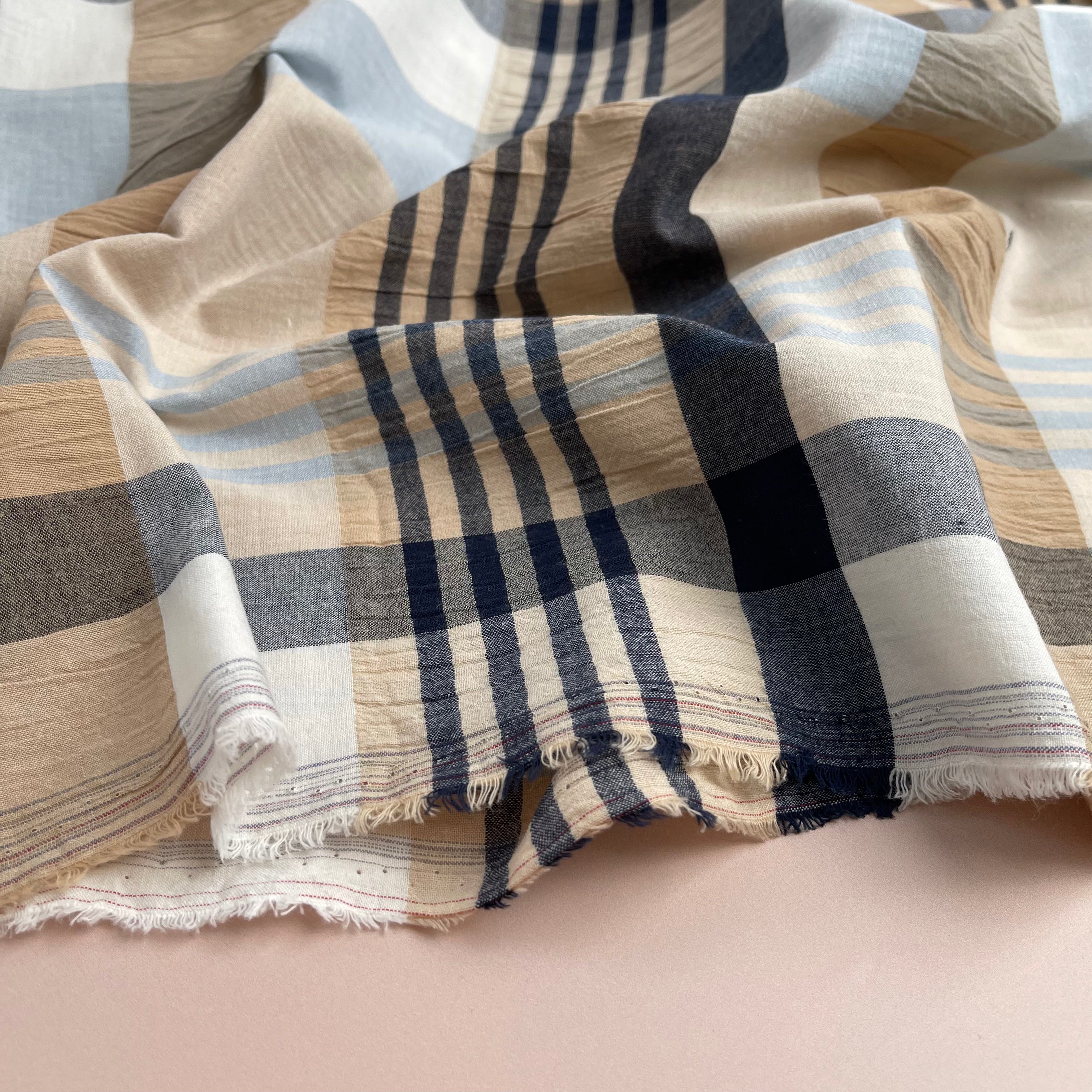 REMNANT 0.78 Metre - Yarn Dyed Checks in Blue and Beige Stretch Cotton Fabric